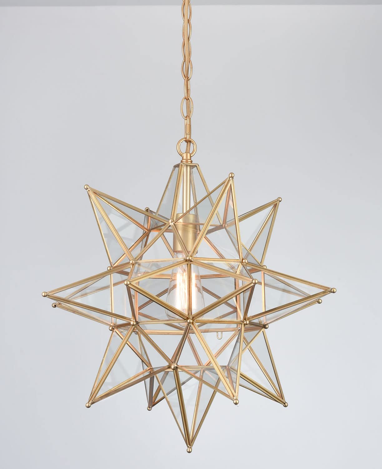 Moravian Star Pendant Light 20-Inch Large Hanging Ceiling Light Modern Gold Finish with Seeded Glass Adjustable Chain