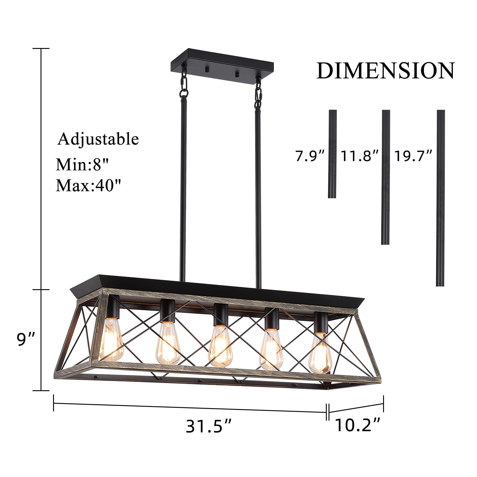 Farmhouse Chandeliers for Dining Room, Rustic Kitchen Island Light Fixture, 5-Light Linear Pendant Lighting Rectangular Chandelier, Metal Solid Ceiling Lights Black