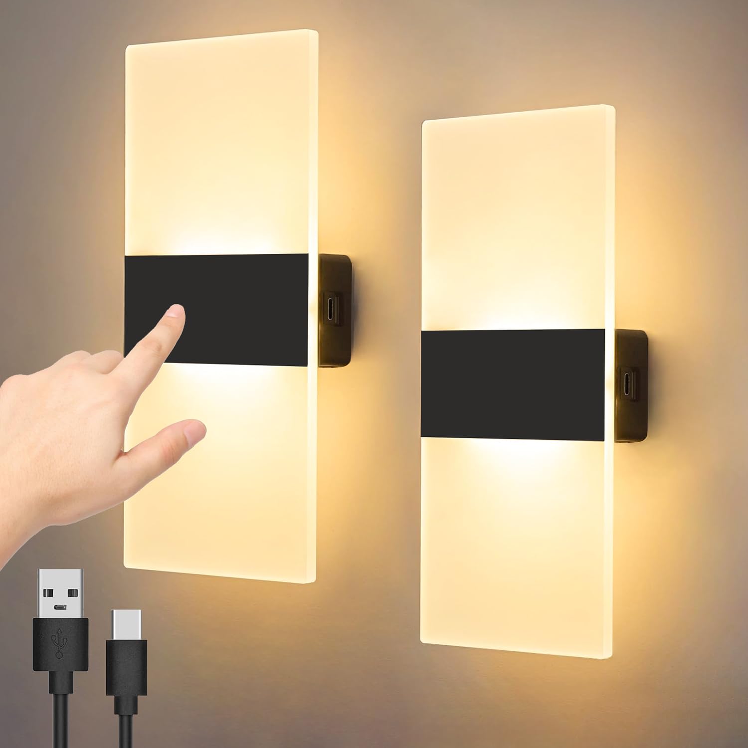 Battery Operated Wall Sconce Set of 2, Rechargeable wall lights Touch Control Dimming Wireless Wall Sconces, LED Magnetic bedside wall lamps Indoor Sconce Wall Decor, for Bedroom, Living Room, Hallway