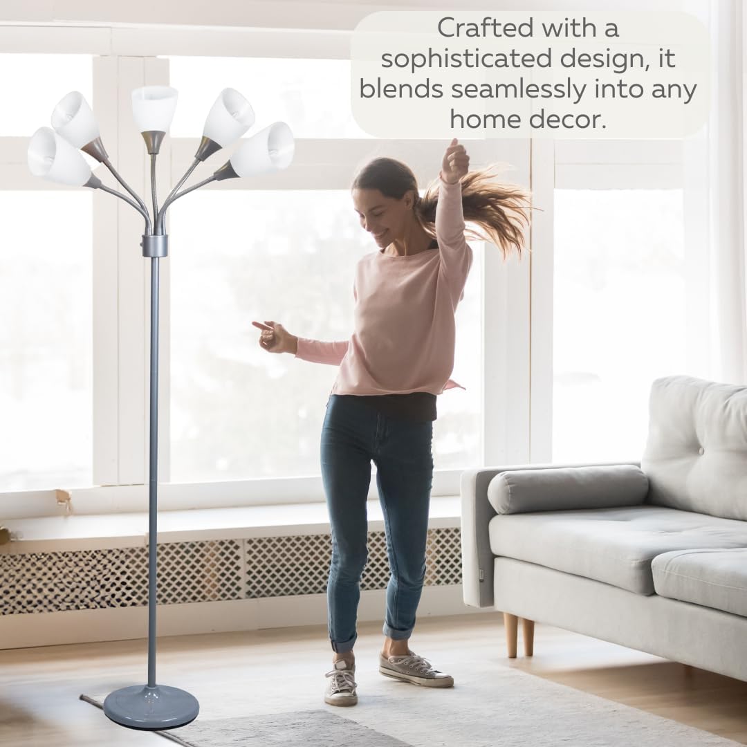 Modern Multi-Head Medusa Floor Lamp - 5 Light Standing Lamp for Bedroom and Living Room with Positionable Acrylic White Shades & 3-Light Mode Switch - Tall Black Floor Lamp for Living Room Decor