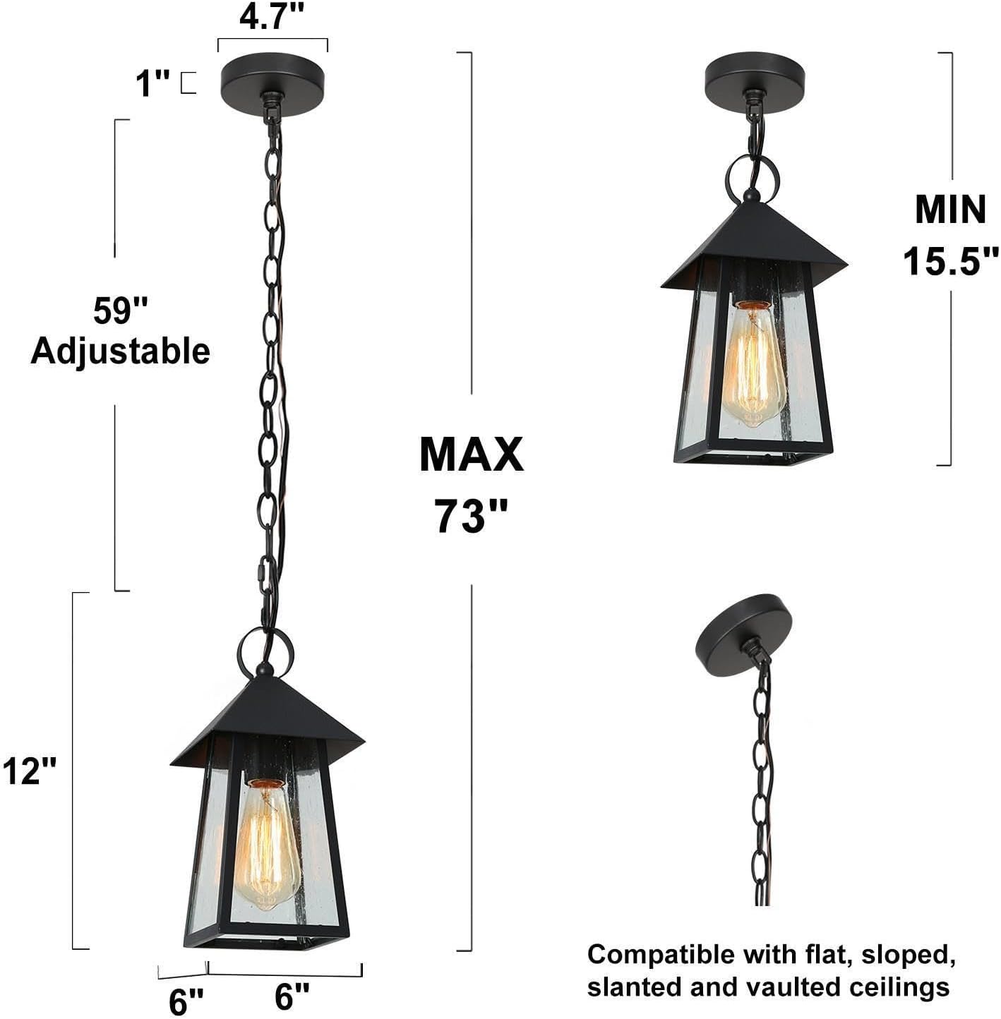 Outdoor Pendant Light for Porch, Black Outdoor Pendant Hanging Light with Seeded Glass Waterproof Exterior Light Fixture for House, Patio, Yard