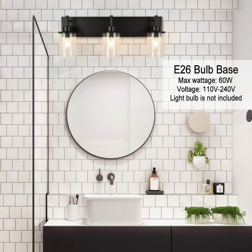 Bathroom Vanity Light Fixtures, 2 Light Wall Sconce Black Vintage Industrial Farmhouse Sconces Wall Lighting with Clear Glass Shade for Bathroom Bedroom Living Room