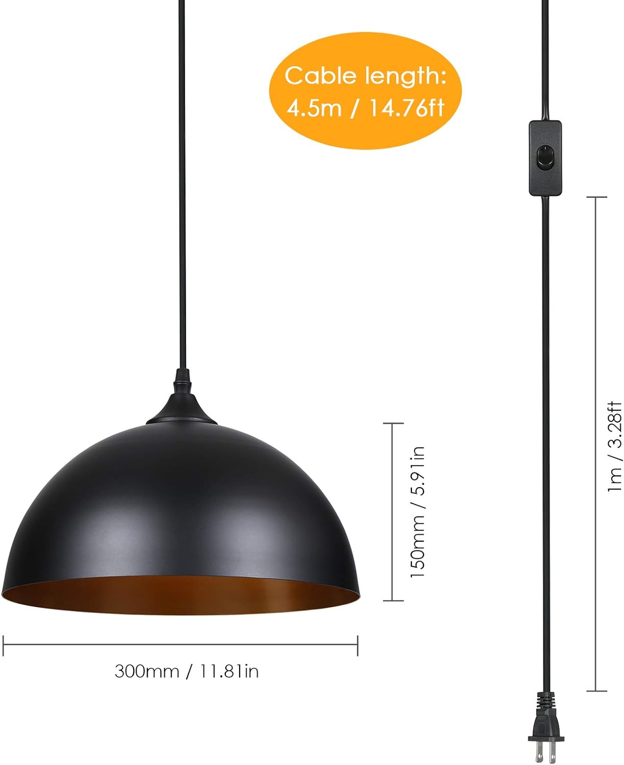 Plug in Pendant Light, Metal Dome Hanging Pendant Light 2 Pack with 15FT Plug in Cord, On/Off Switch, for E26 Bulbs, Black Barn Pendant Light for Farmhouse Kitchen, Dining, Bedroom 2 Pack