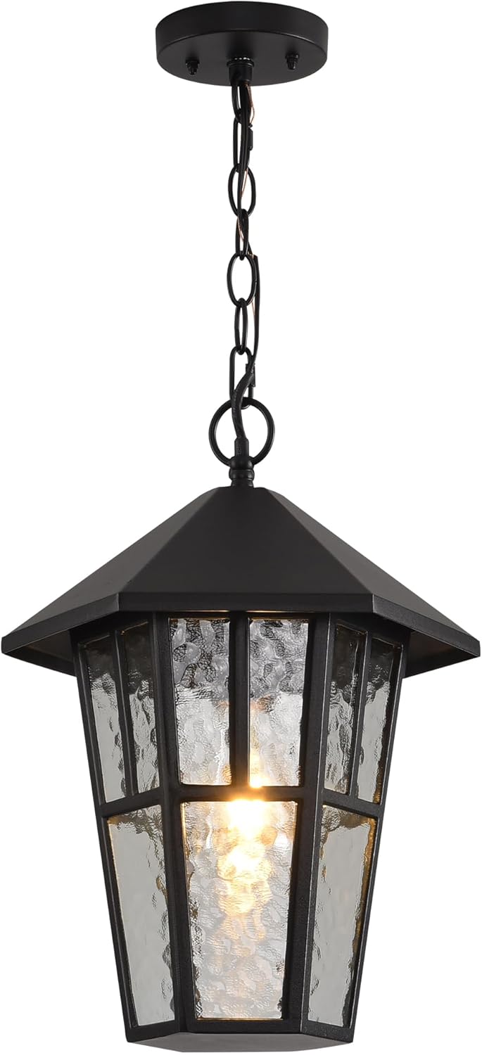 Outdoor Pendant Light, Black Large Outdoor Chandelier, Waterproof Exterior Hanging Lantern, Outside Hanging Porch Light with Water Glass for Patio Farmhouse Foyer