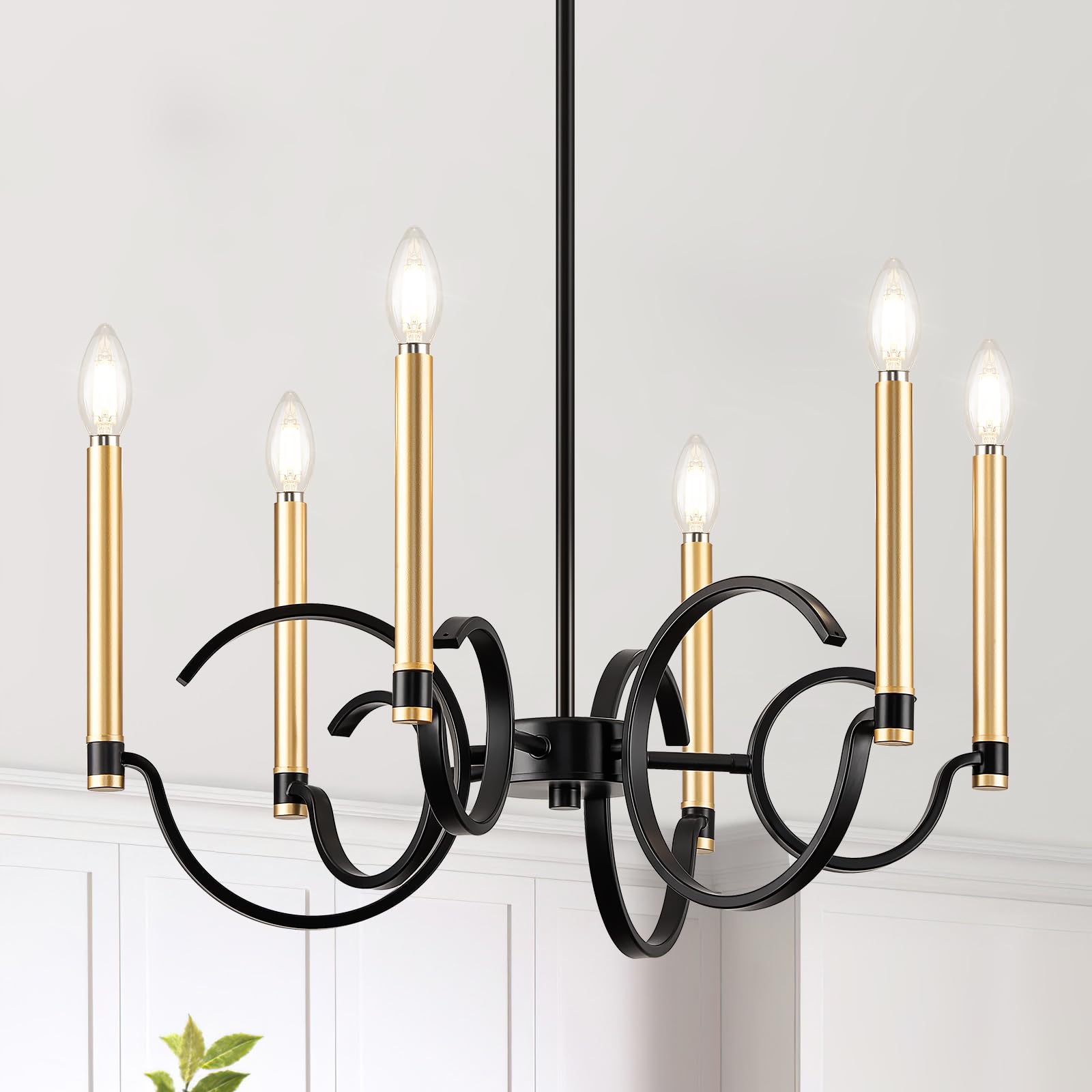 Black and Gold Chandelier, 6-Light Modern Chandelier for Dining Room, Industrial Metal Dining Light Fixture, Candle Hanging Lighting Chandelier for Kitchen, Living Room, Foyer, Entryway