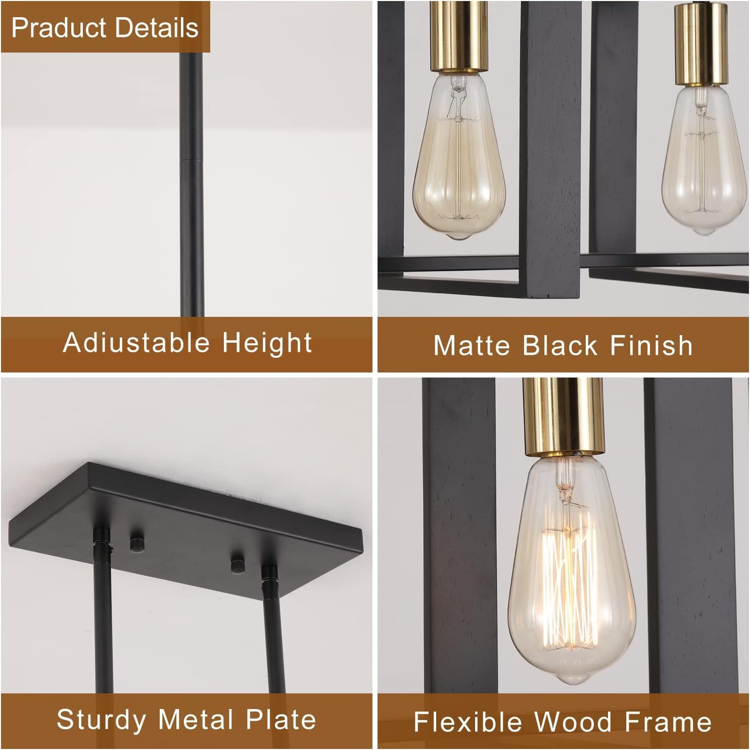 9MMML 3 Lights Kitchen Island Lighting, Modern Rectangle Linear Pendant Light, Black Frame+ Gold Socket Chandelier for Dining &Living Room Foyer Entryway Hallway,E26,Height Adjustable.