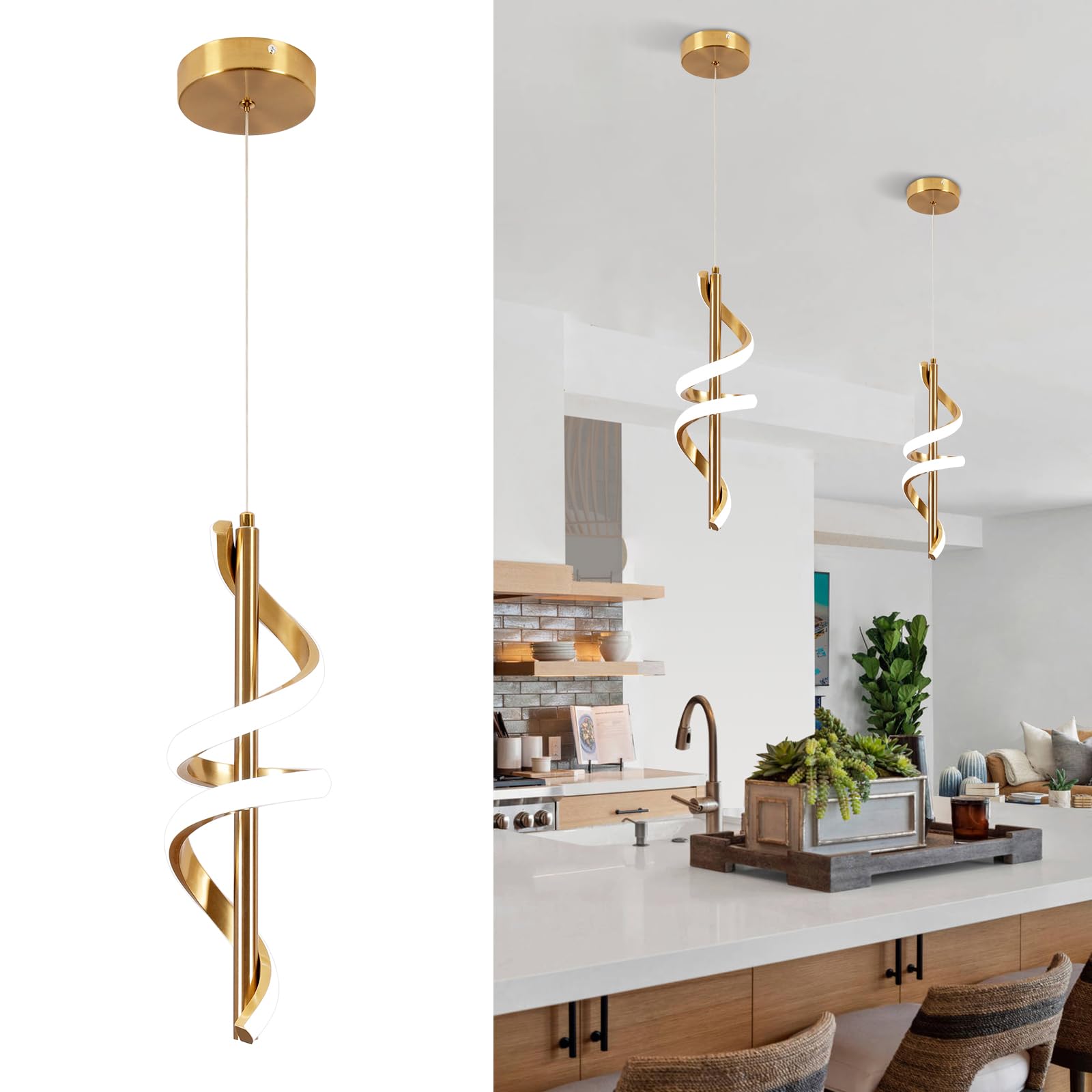 Spiral Led Pendant Light Fixtures, 5500K Cold White Modern Led Pendant Light Kitchen Island, Adjustable Height Kitchen Island Lights Fixtures for Dining Room Kitchen Bedroom Sink