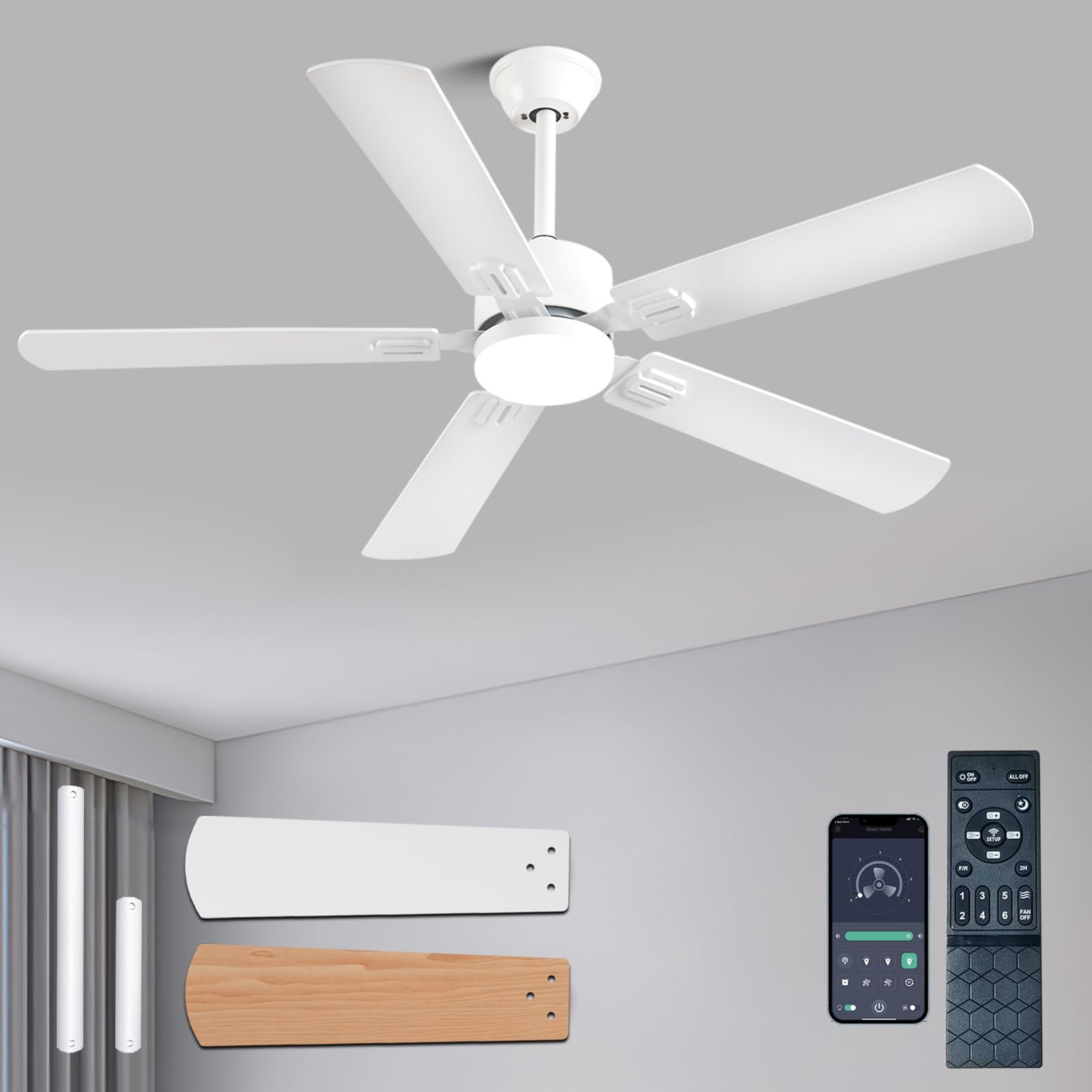 52 inch Modern White Ceiling Fans with Lights APP/Remote Control, Low Profile Reversible 6 Speeds Ceiling Fan Light for Indoor/Outdoor Patio Bedroom Living Room