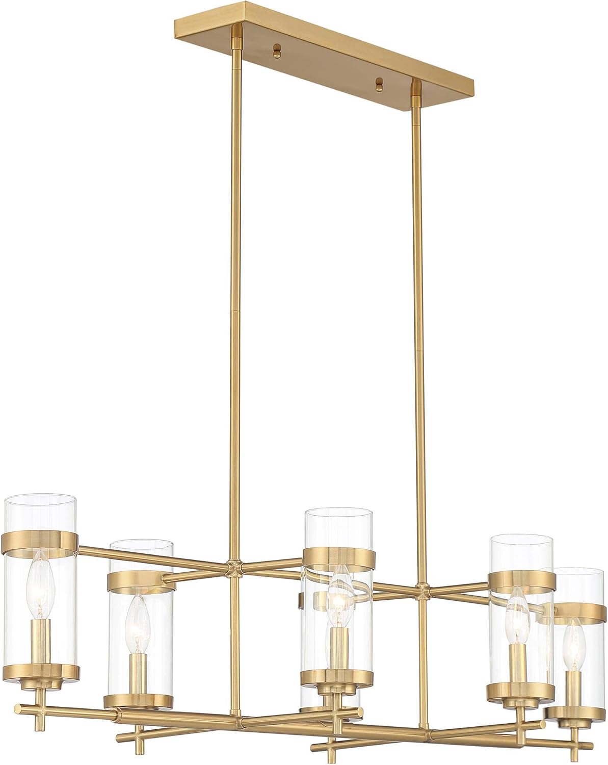 Euro Design Gold Linear Island Pendant Chandelier Lighting 42" Wide Modern Clear Glass Cylinder Shade 6-Light Fixture for Kitchen Dining Room Living House Home Foyer Entryway