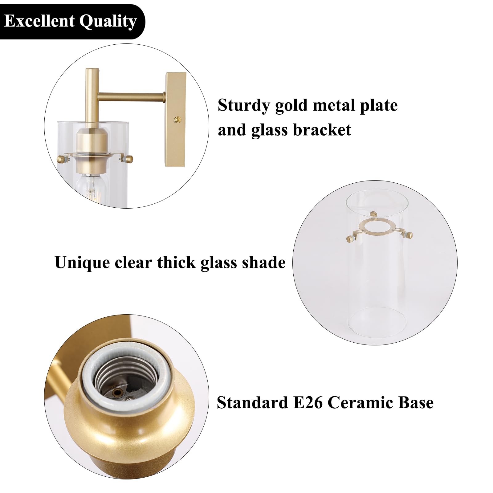 Set of 2 Gold Wall Sconces,Elegant Bathroom Wall Mount Light,Modern Vanity Lighting Fixtures with Clear Glass Shade,Indoor Metal Wall Lamp for Living Room Bedroom Kitchen Hallway Mirror