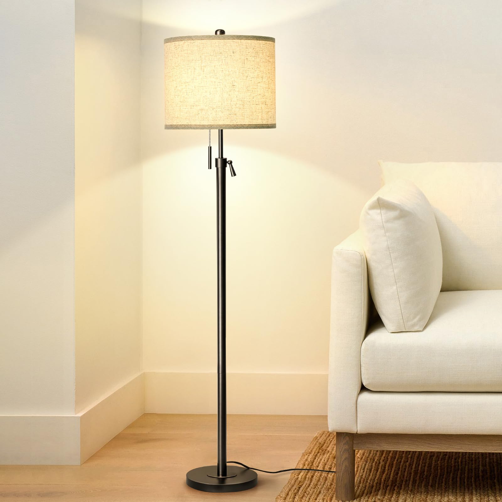 Floor Lamp for Living Room Adjustable Tall Standing Lamp, 3-Way Dimmable Floor Lamp for Bedroom Office, Black Gold Lamp with Marble Base and White Linen Shade, 6W 3000K LED Blub Included