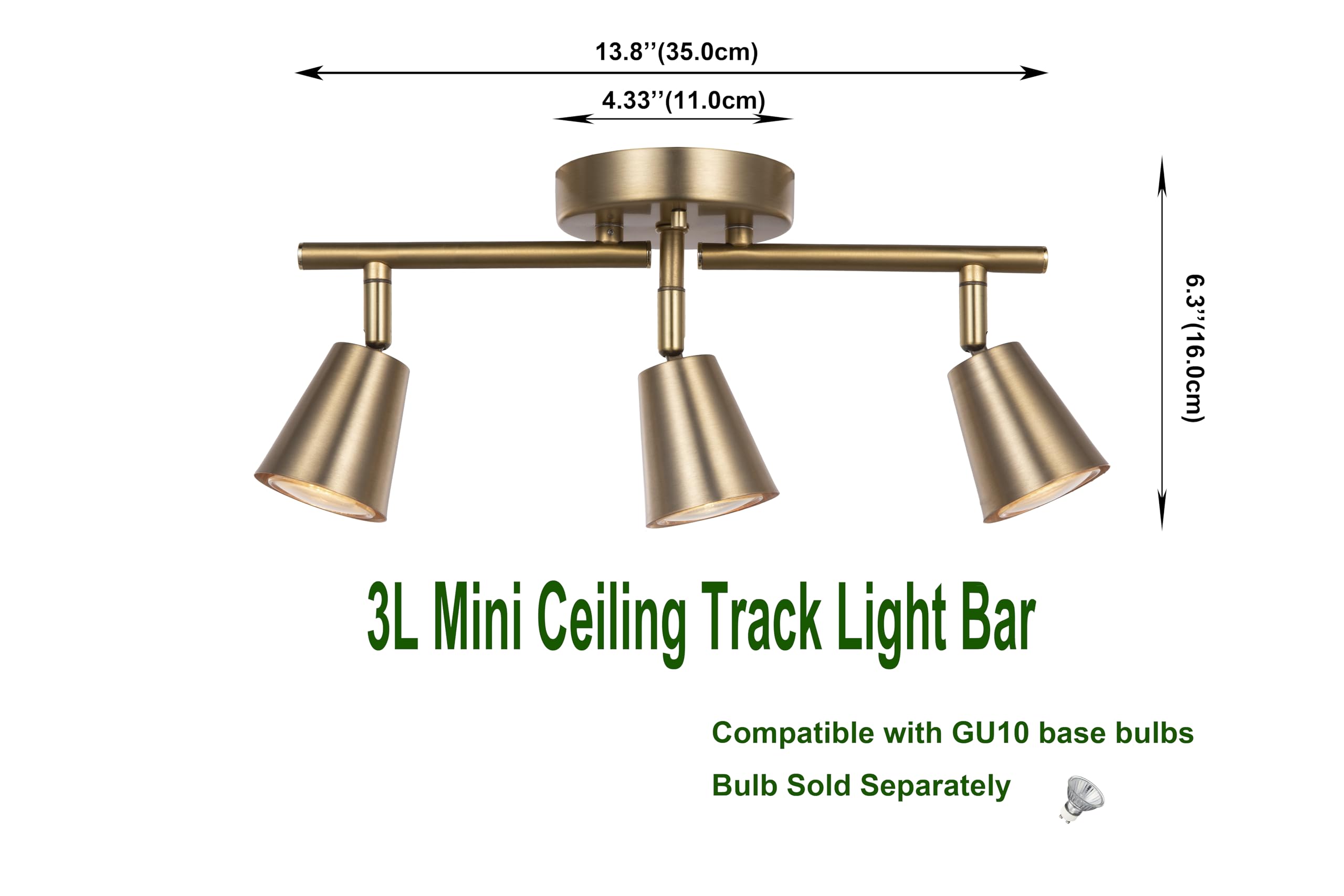 3 Light Track Lighting Kit, Matte Brass Finish Adjustable Flexibly Rotatable Light Head Modern Ceiling Spot Light for Kitchen,Bedroom,Living Room