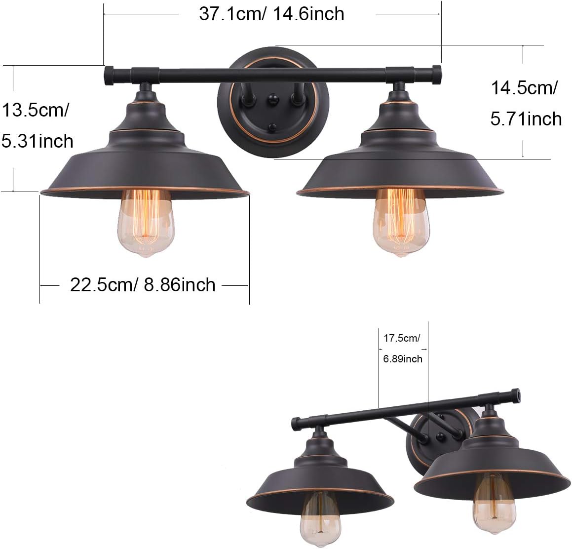 Industrial Wall Light Fixture Farmhouse Rustic Wall Sconce, Vintage Wall Mounted Vanity Light for Bathroom, Bedroom, Living Room, Kitchen, Oil Rubbed Bronze (2-Light)