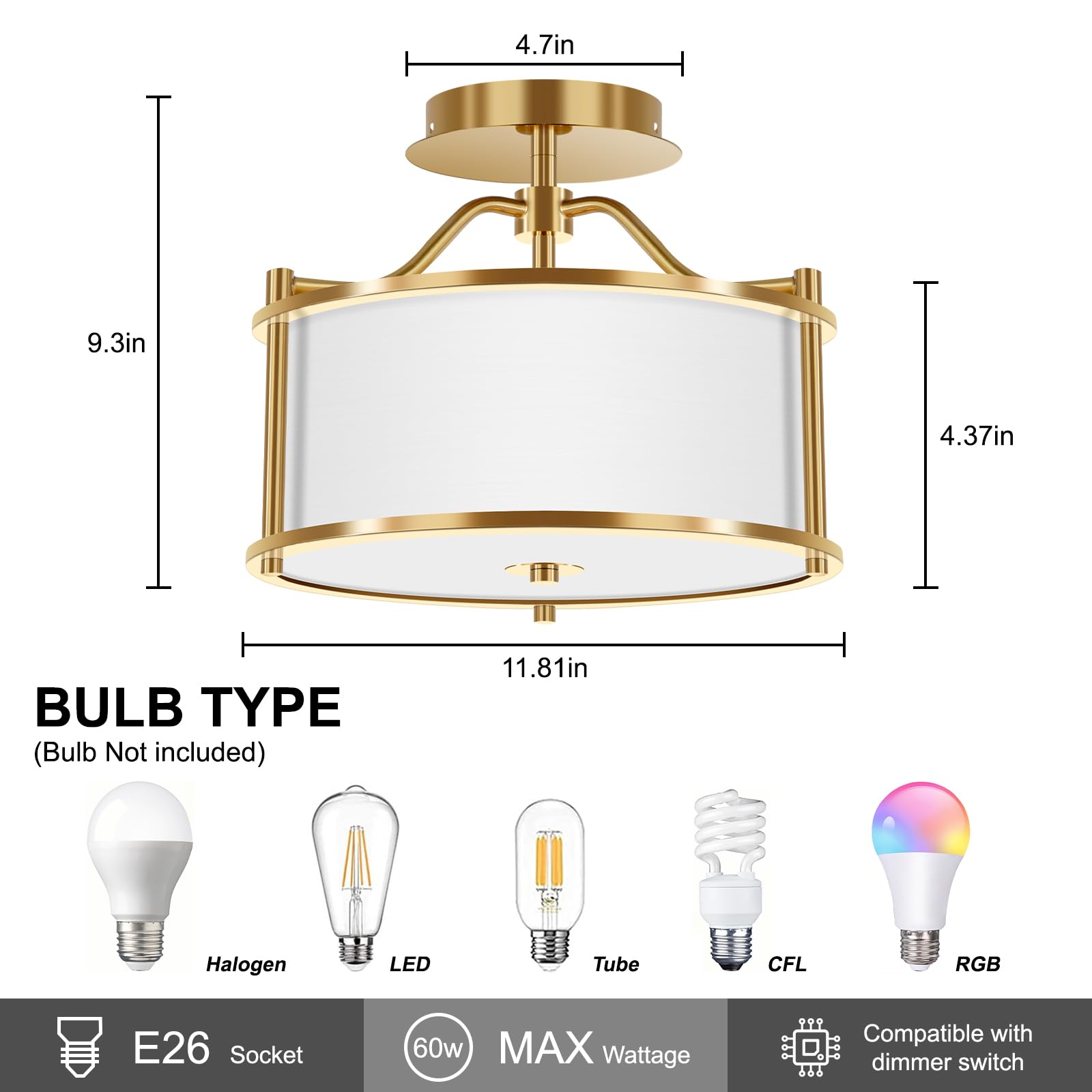 4 Light Semi Flush Mount Ceiling Light 15.7 Inches Light Fixture with Metal Frame Fabric Shade Modern Ceiling Light for Living Room Bedroom Kitchen Dining Room Entryway Hallway