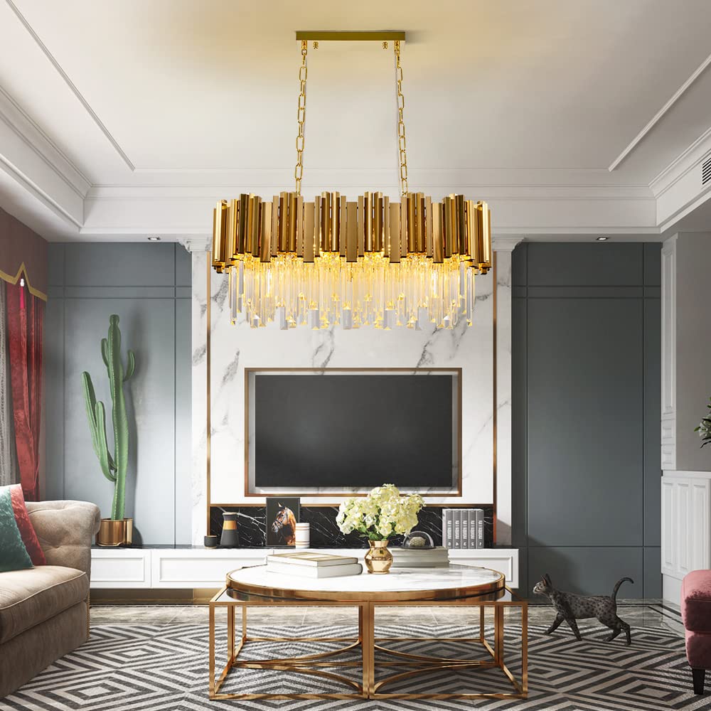 Modern K9 Crystal Pendant Lighting, Round Gold Crystal Chandelier Contemporary Luxury Pendant Ceiling Lighting Fixture for Dining Living Room Kitchen Island, Antique Gold