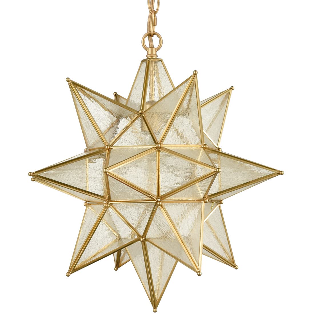 Moravian Star Pendant Light 20-Inch Large Hanging Ceiling Light Modern Gold Finish with Seeded Glass Adjustable Chain