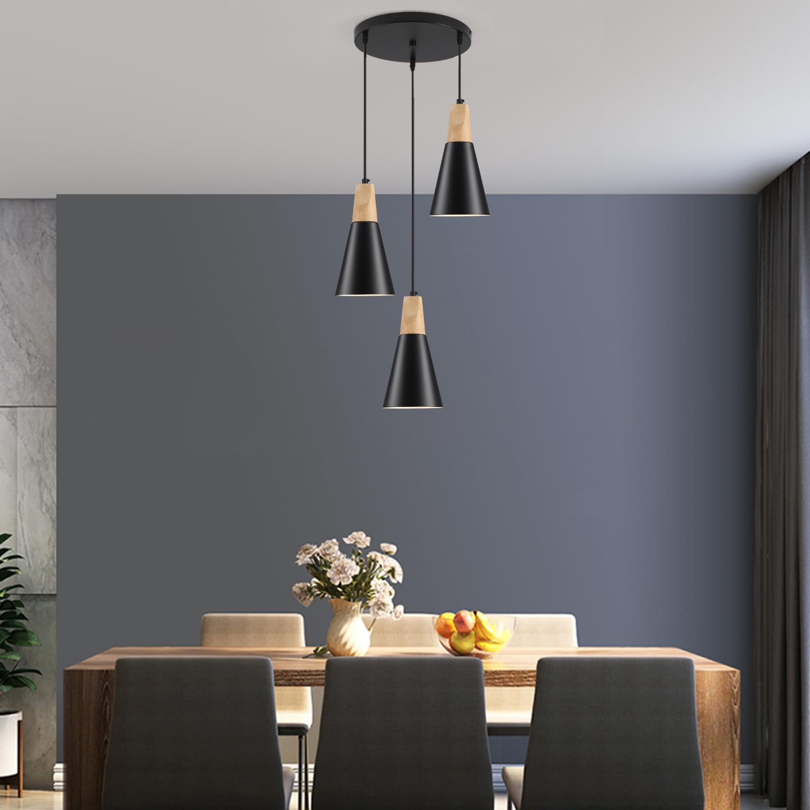 Black Wood Pendant Light Kitchen Island 3 Light, Black Cone Modern Farmhouse Kitchen Pendant Hanging Lighting for Dining Room, Restaurant, Bar, Kitchen Sink, Hallway