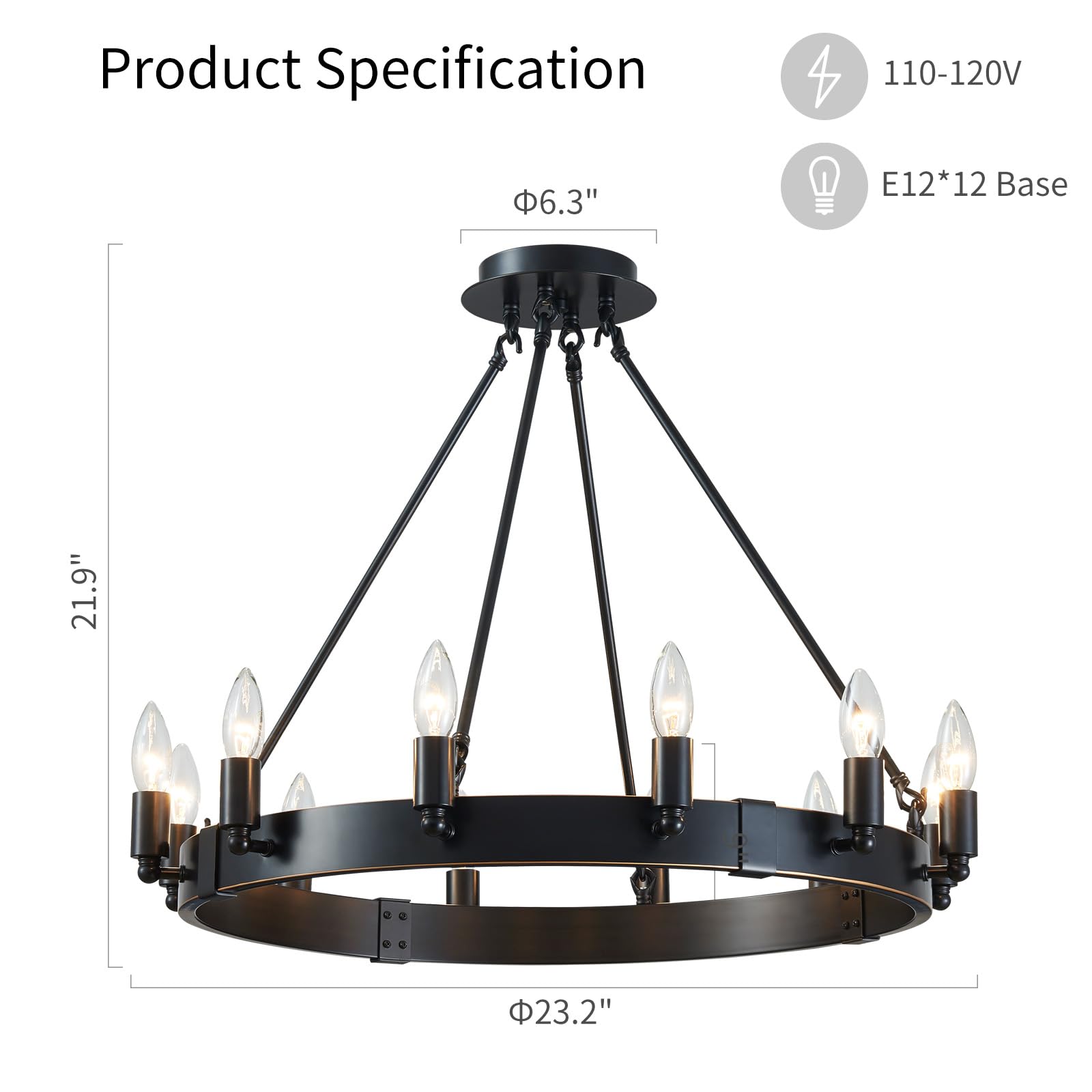 5-Light Wagon Wheel Chandelier Rustic Farmhouse Industrial Round Pendant Light Fixture with Clear Seeded Glass Shades for Dining Room Kitchen Island, H 20.5" x W 26.2", E12 Base, Gold