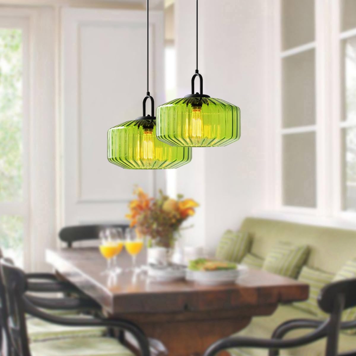 Glass Globe Pendant Light fixtures 1-Lights Black Mid Century Modern Pendant Lights with Amber Hand Blown Glass Shade Ceiling Hanging Lighting for Dining Room Table Kitchen Island