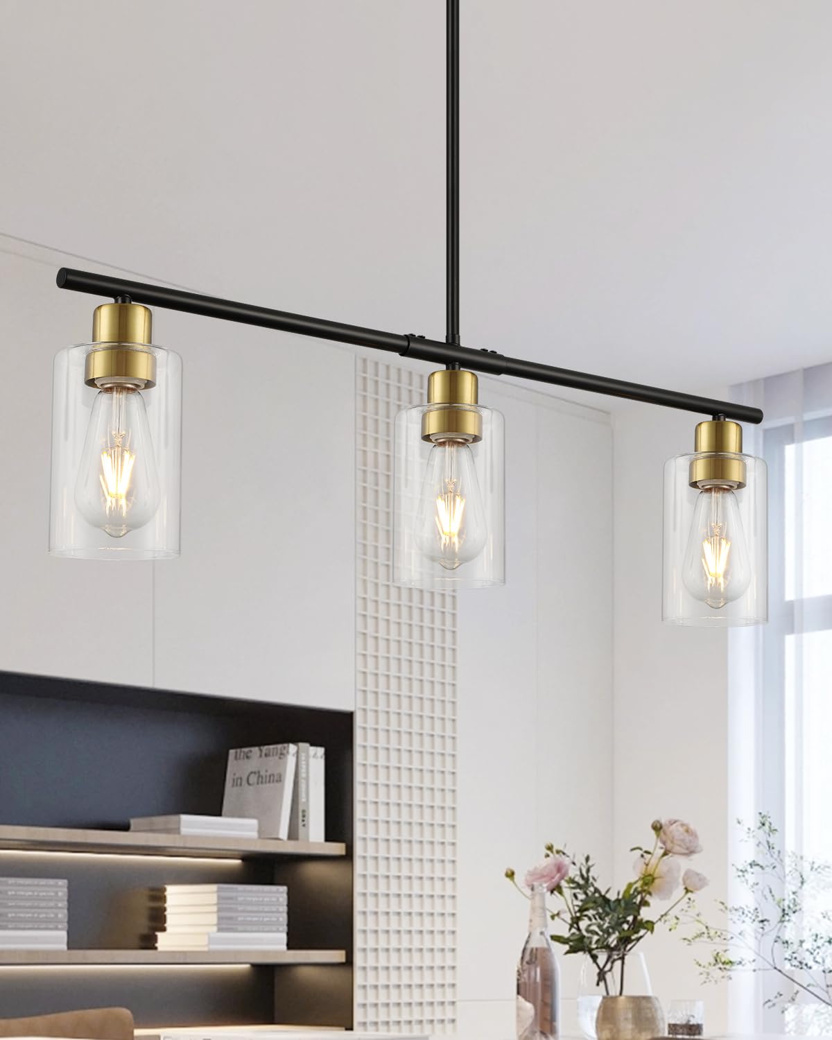 3 Lights Kitchen Island Lighting, Black Pendant Light Fixtures with Glass Shade Dining Room Light Fixture Adjustable Farmhouse Chandelier Modern Pendant Lights Ceiling Hanging Lighting E26 Base