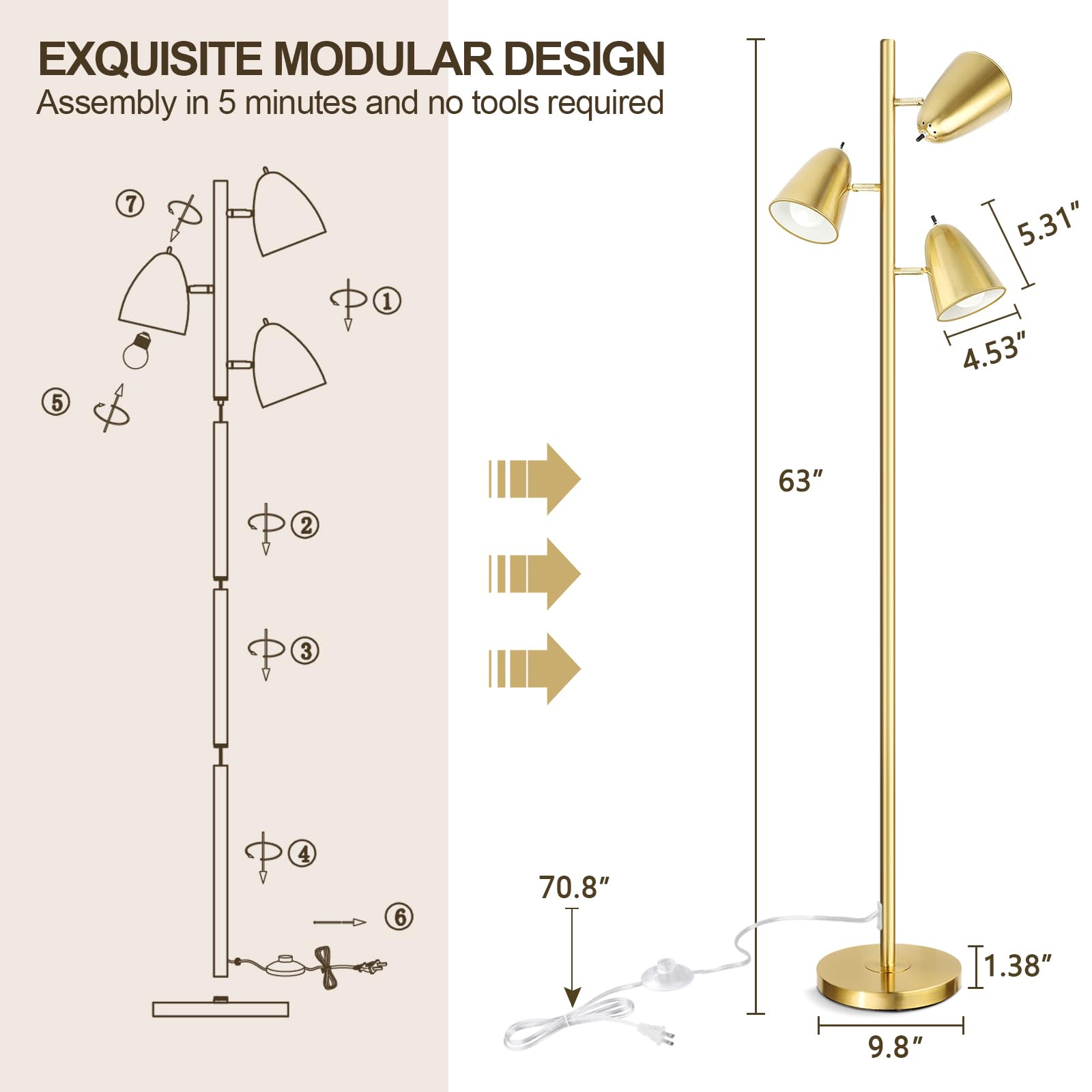 Tree Floor Lamp with 3 Light Bulbs, Standing Tall Pole Lamps for Living Room Bedroom Office, Reading Stand up Lamps with 3 Adjustable Arms, Brushed Gold