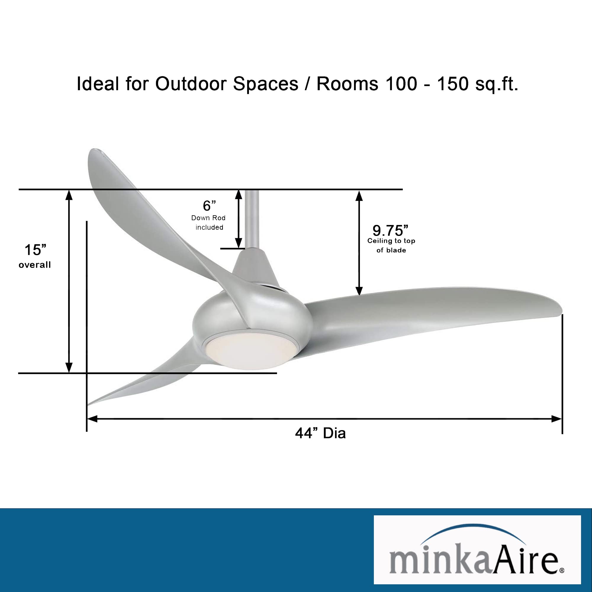 44" Ceiling Fan with LED Light and Remote Control in Silver Finish