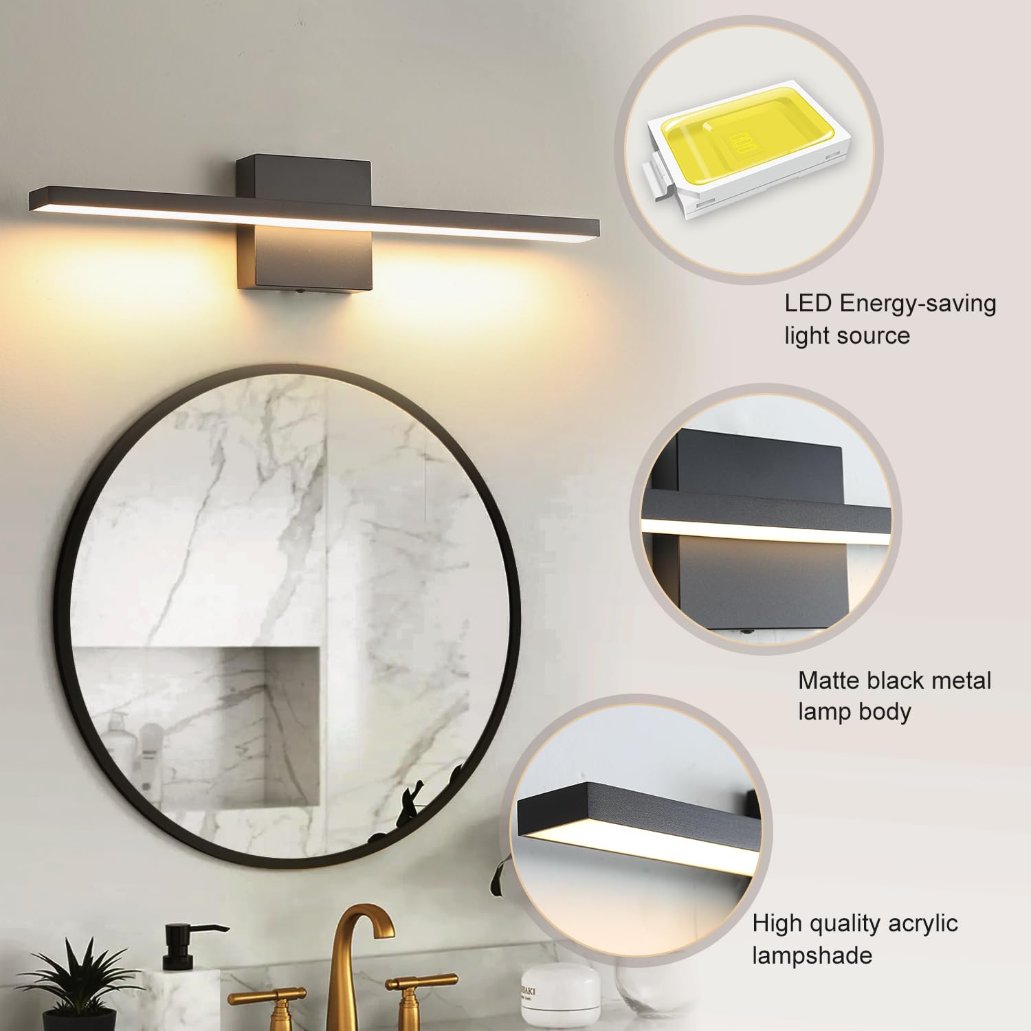 Gold Bathroom Light Fixtures Over Mirror, 20 Inch Brushed Brass Bathroom Vanity Light, LED Modern Wall Sconce 3000K Bar Vanity Lights for Bathroom Mirror Cabinets Bedroom