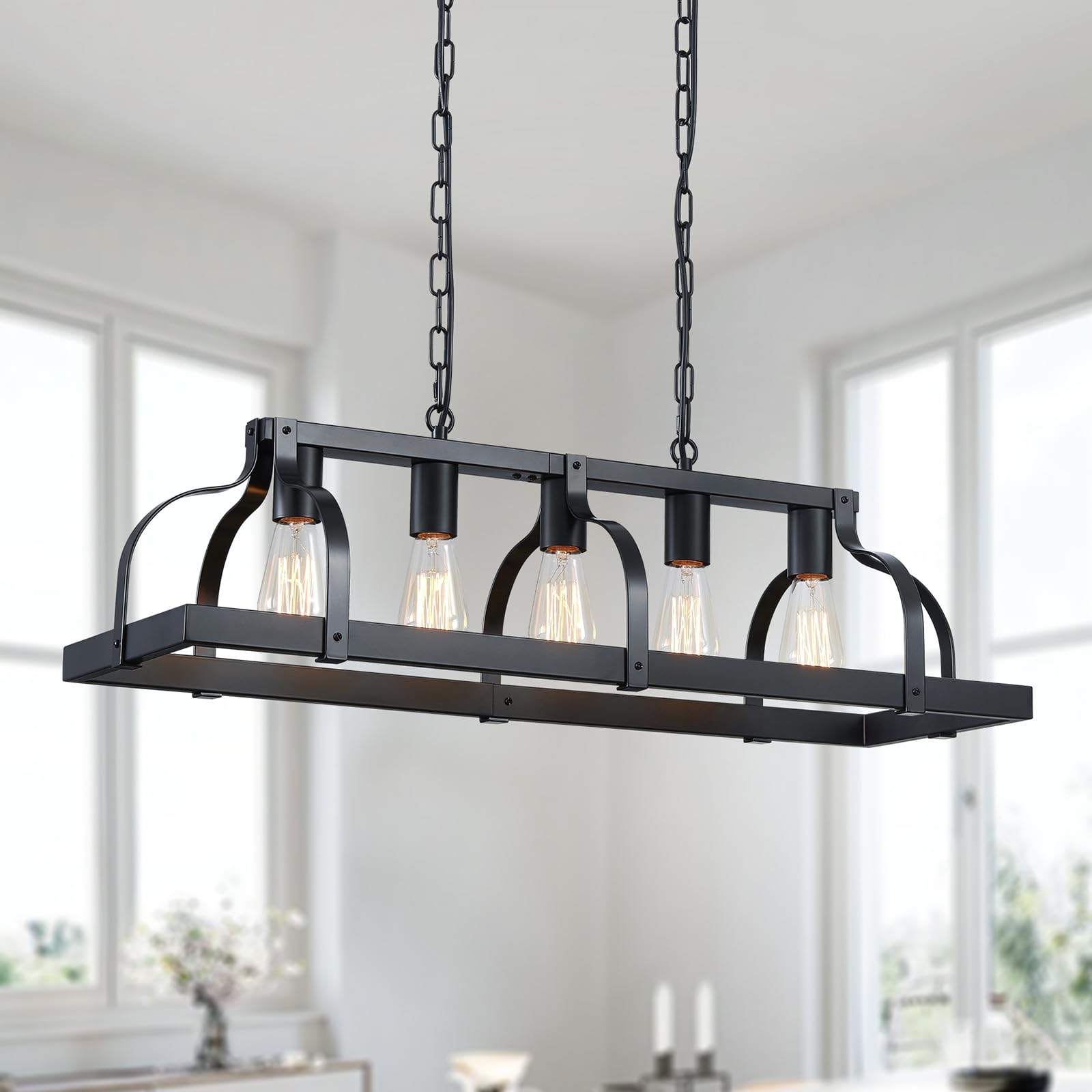 WUZUPS 5-Light Metal Chandelier Imitation Wood Grain Linear Pendant Ceiling Lighting Rustic Farmhouse Fixture Kitchen Island Dining Room, H 8.5" L 31.5" W10, E26 Base, Black & Antique White