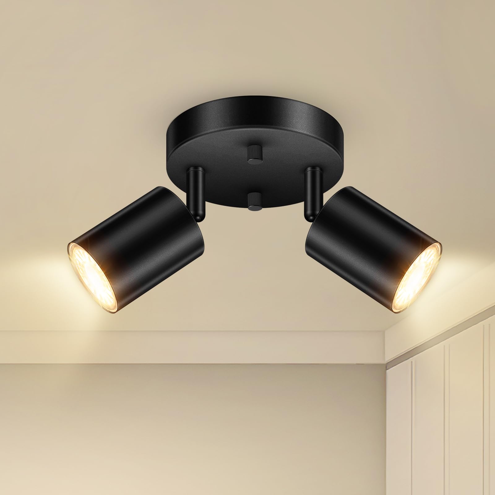 LED 2 Light Track Lighting Kit, LED Track Lighting Fixtures, Black Round Ceiling Spot Lighting, Flexibly Rotatable Light Head for Kitchen, Living Room, Bedroom, GU10 Bulb Not Included