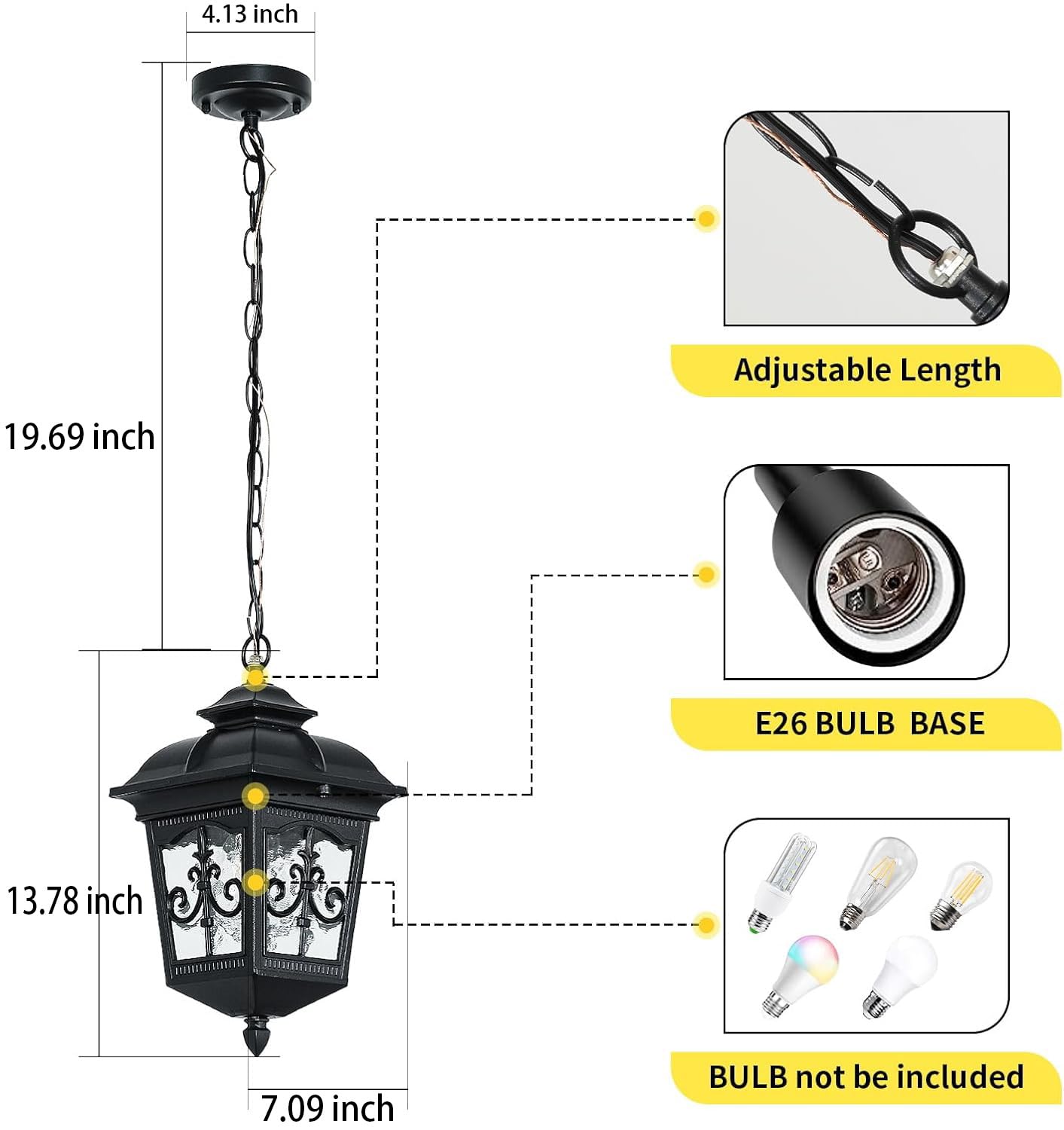 Black Outdoor Pendant Light for Porch Patio Entryway Yard Front Door Beach, Waterproof Pendant Lamp Fixture Indoor Hanging Lantern for Kitchen Dinning Room(1 Pack)