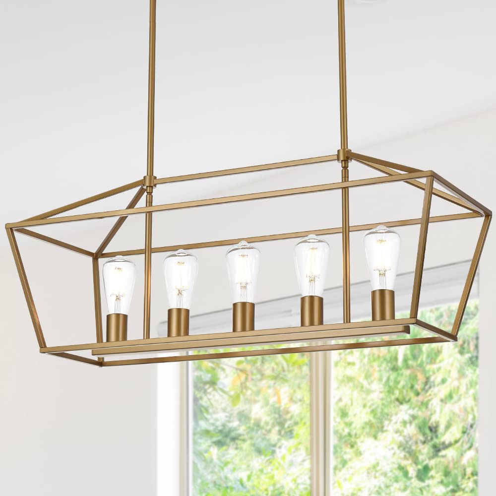 5 Light Modern Kitchen Island Light in Gold Finish,Industrial Hanging Pendant Lighting Fixture with Metal Frame Linear Lantern Chandelier for Dining Room Foyer Cafe Bar