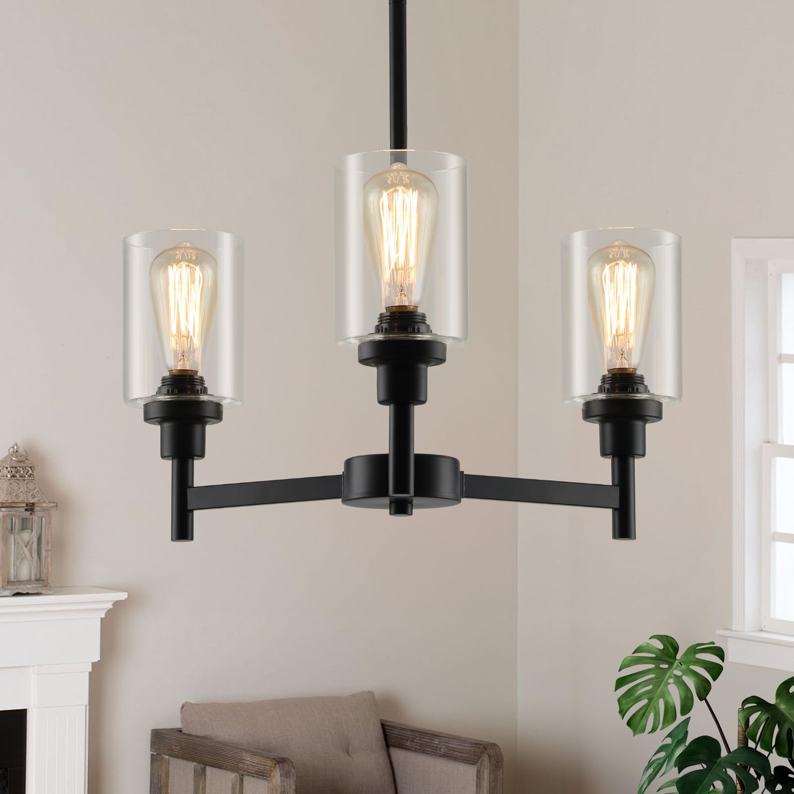 Farmhouse Chandelier with Cylinder Clear Glass 6 Light Vintage Black Bedroom Kitchen Island Pendant Ceiling Lighting Industrial Metal Hanging Fixture for Dining Room Living Room