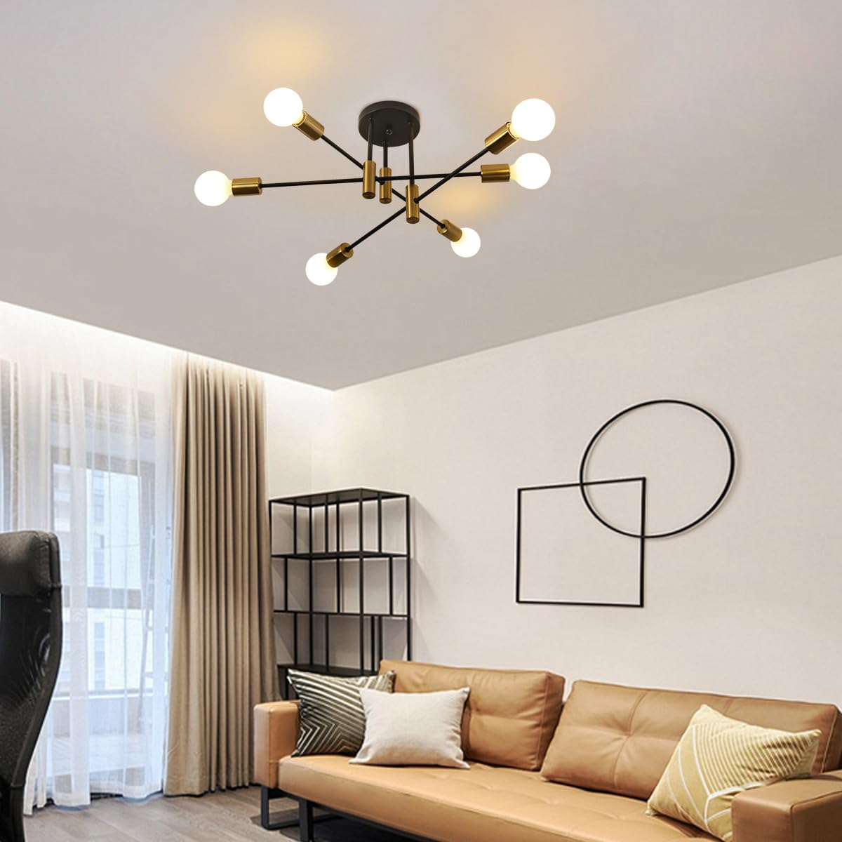 10 Lights Modern Sputnik Ceiling Chandelier Gold Industrial Ceiling Lamp Mid Century Semi Flush Mount Ceiling Light Fixture for Kitchen Dining Room Living Room Bedroom Foyer Lighting