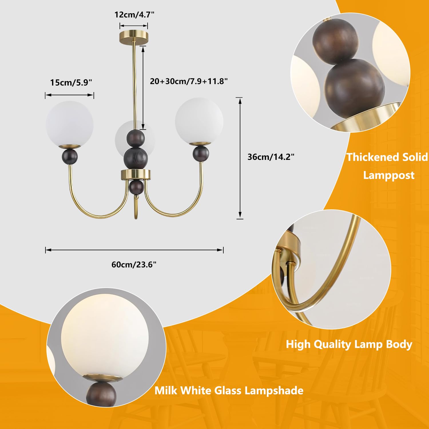 Modern Glass Chandelier Vintage Globe Pendant Light Gold Wooden 5-Light Semi Flush Mount Ceiling Light Fixture Kitchen Island Sputnik Chandeliers for Living Room Dining Room Restaurant