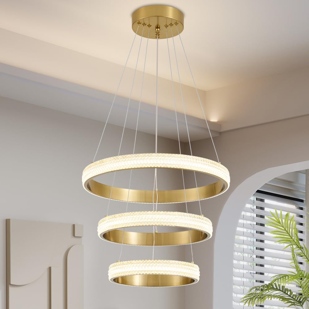 Modern LED Chandelier Dimmable 2 Ring Gold Pendant Light Acrylic 34W 4000K Height-Adjustable Modern Chandelier for Dining Room Living Room Bedroom Kitchen Island Foyer Stairway