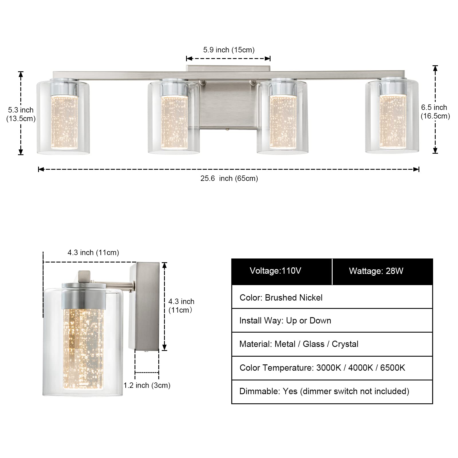 2-Light Brushed Nickel Vanity Light with 3 Color Modes (3000K/4000K/6000K), Eye Protection LED Bathroom Light Fixture, Dimmable Modern Wall Light Over Mirror with Clear Glass Shade