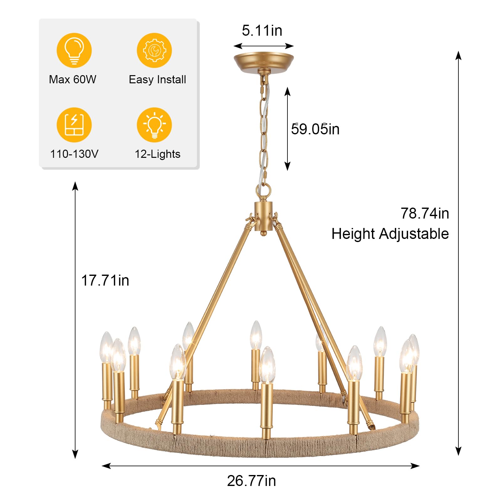 12-Lights Gold Wagon Wheel Chandelier 28" Large Gold Farmhouse Chandelier Vintage Circle Light Fixture for Dining Room Kitchen Island Height Ceiling Living Room