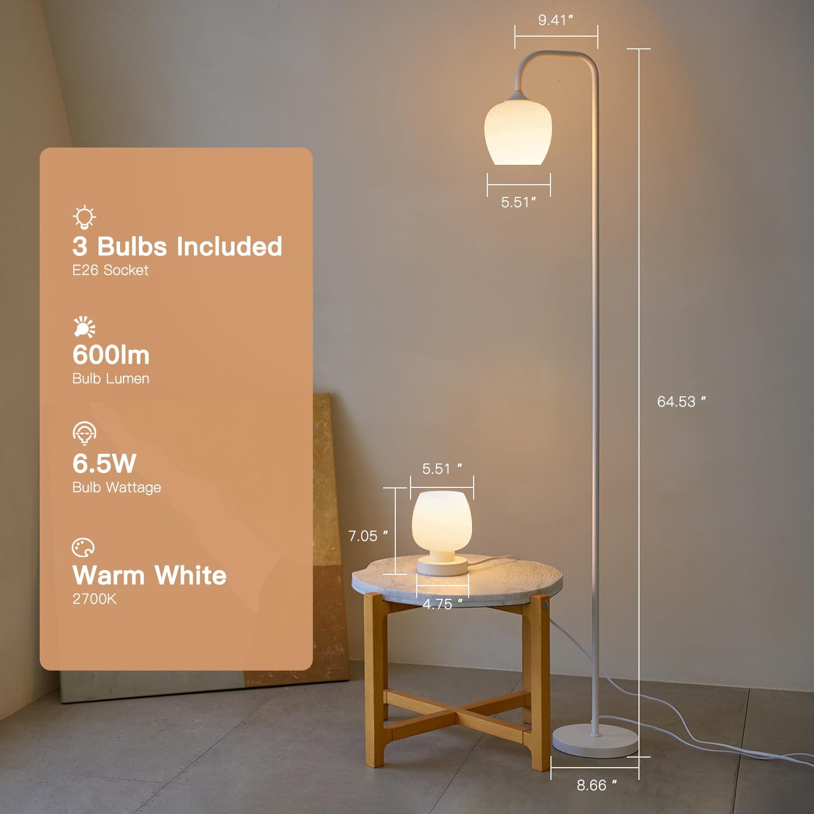 White Floor Lamp-Modern Standing Lamp for Living Room Bedroom, Opal Glass Lamp Shade, LED Bulb Included, for Reading Office, Simple Design Home Decor for Christmas Thanksgiving Day