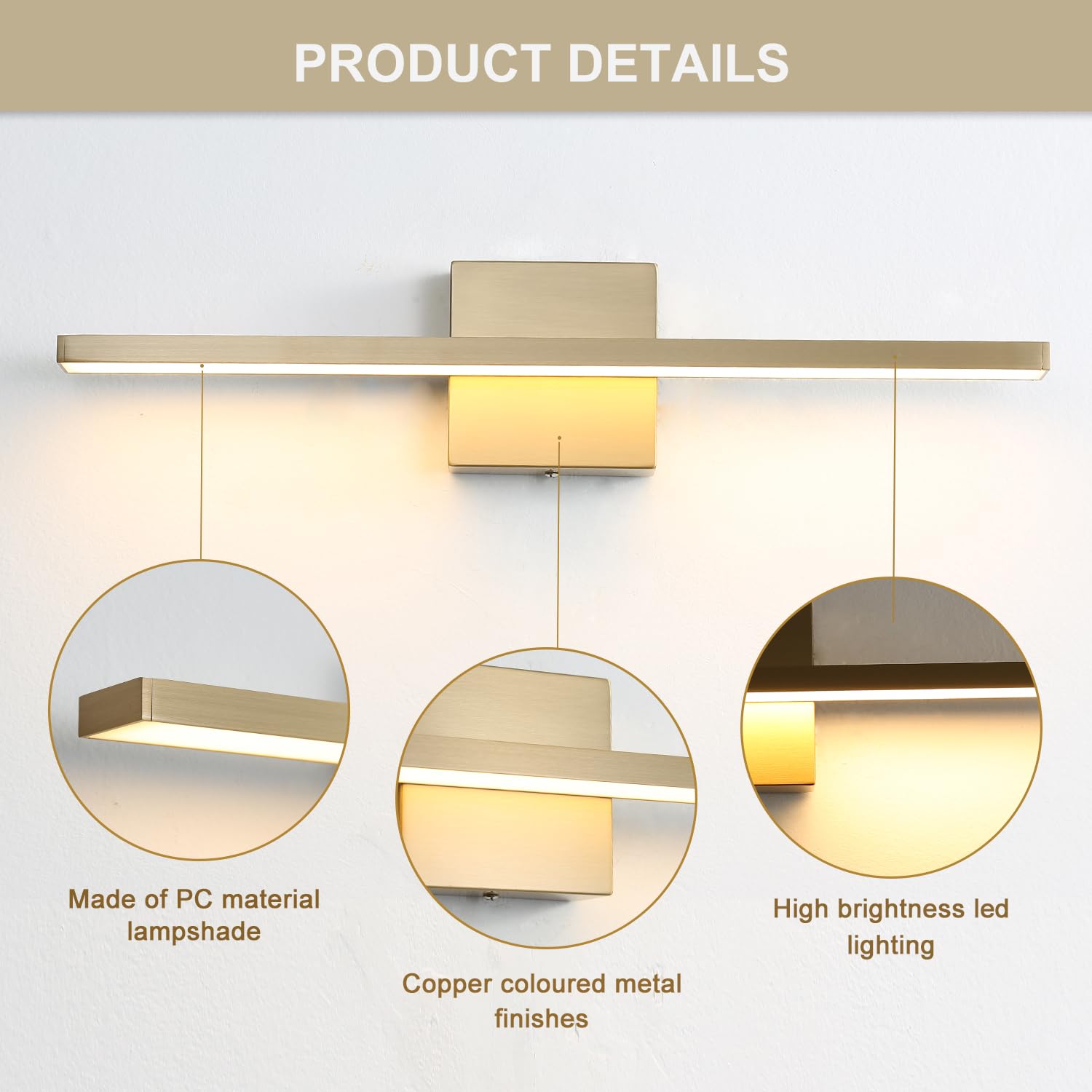 Gold Bathroom Light Fixtures Over Mirror, 20 Inch Brushed Brass Bathroom Vanity Light, LED Modern Wall Sconce 3000K Bar Vanity Lights for Bathroom Mirror Cabinets Bedroom