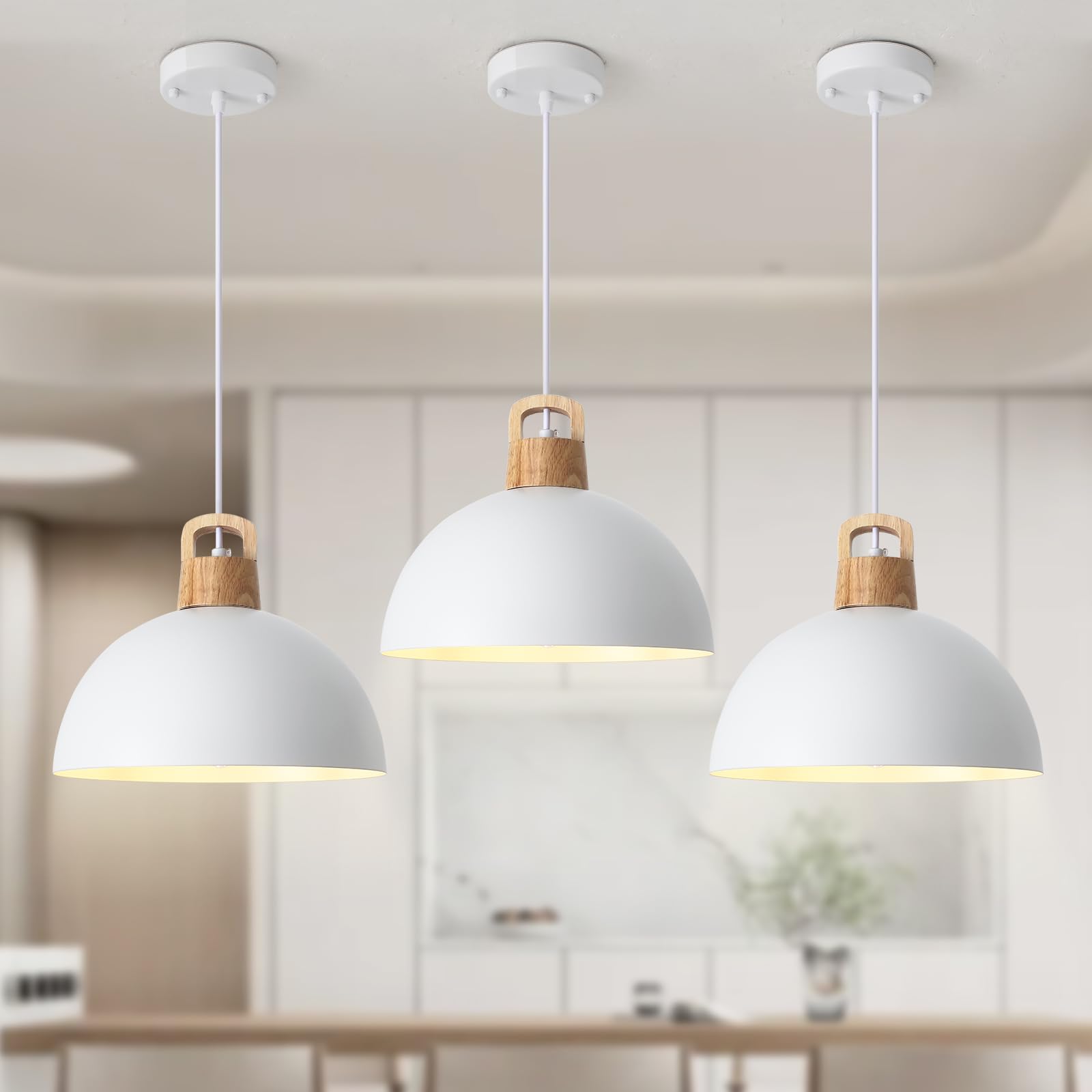 3 Pack Pendant Light Fixtures Farmhouse White Chandelier Kitchen Island Lighting 11.8" Industrial Modern Ceiling Dome Wood Hanging Light Fixture for Dining Room Bedroom Living Room Foyer Entryway,E26