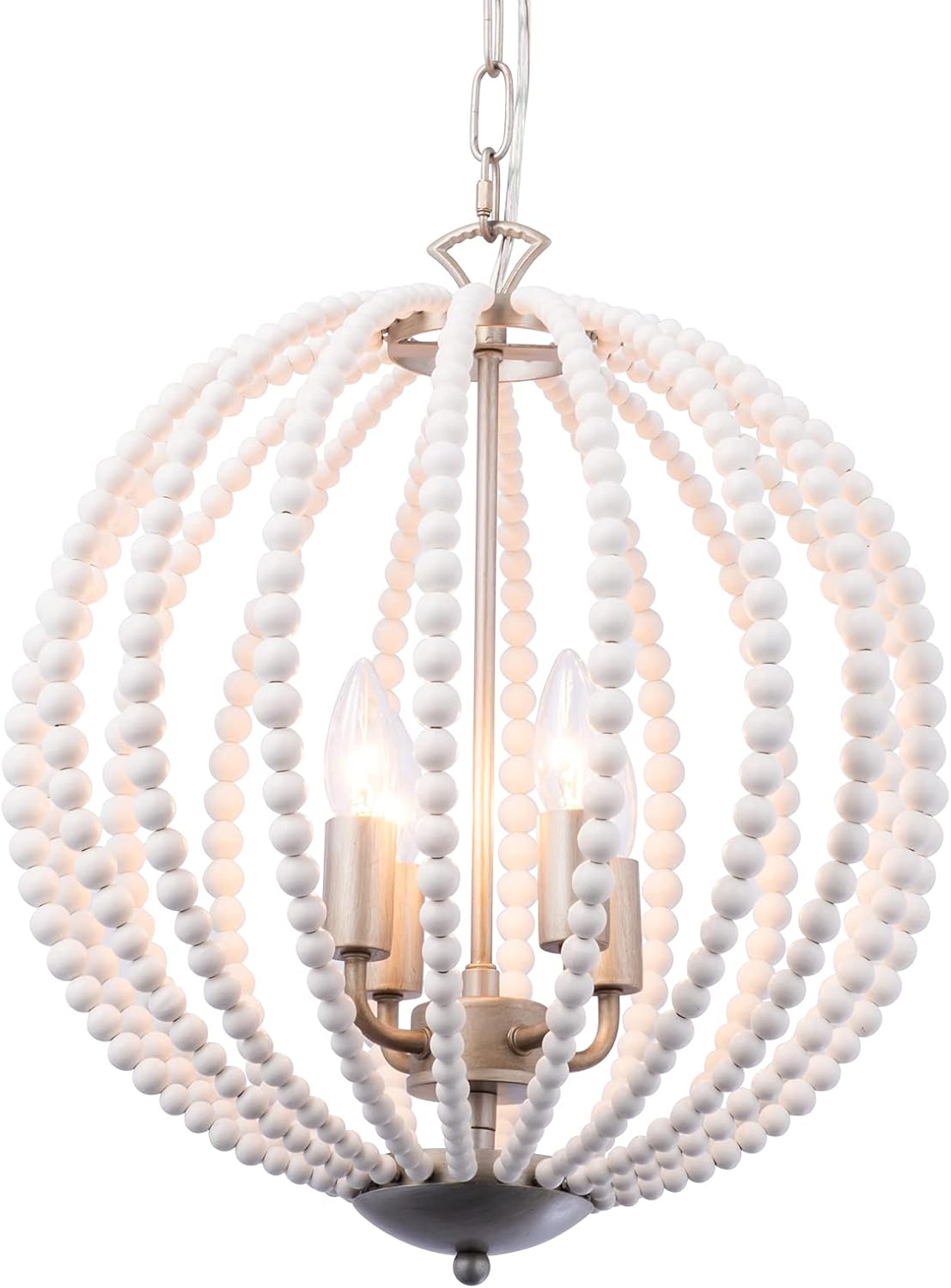 Boho Wood Beaded Pendant Light Candle Style Globe Chandelier White Finishing for Bedroom, Kitchen Island, Girl Room 4-Light