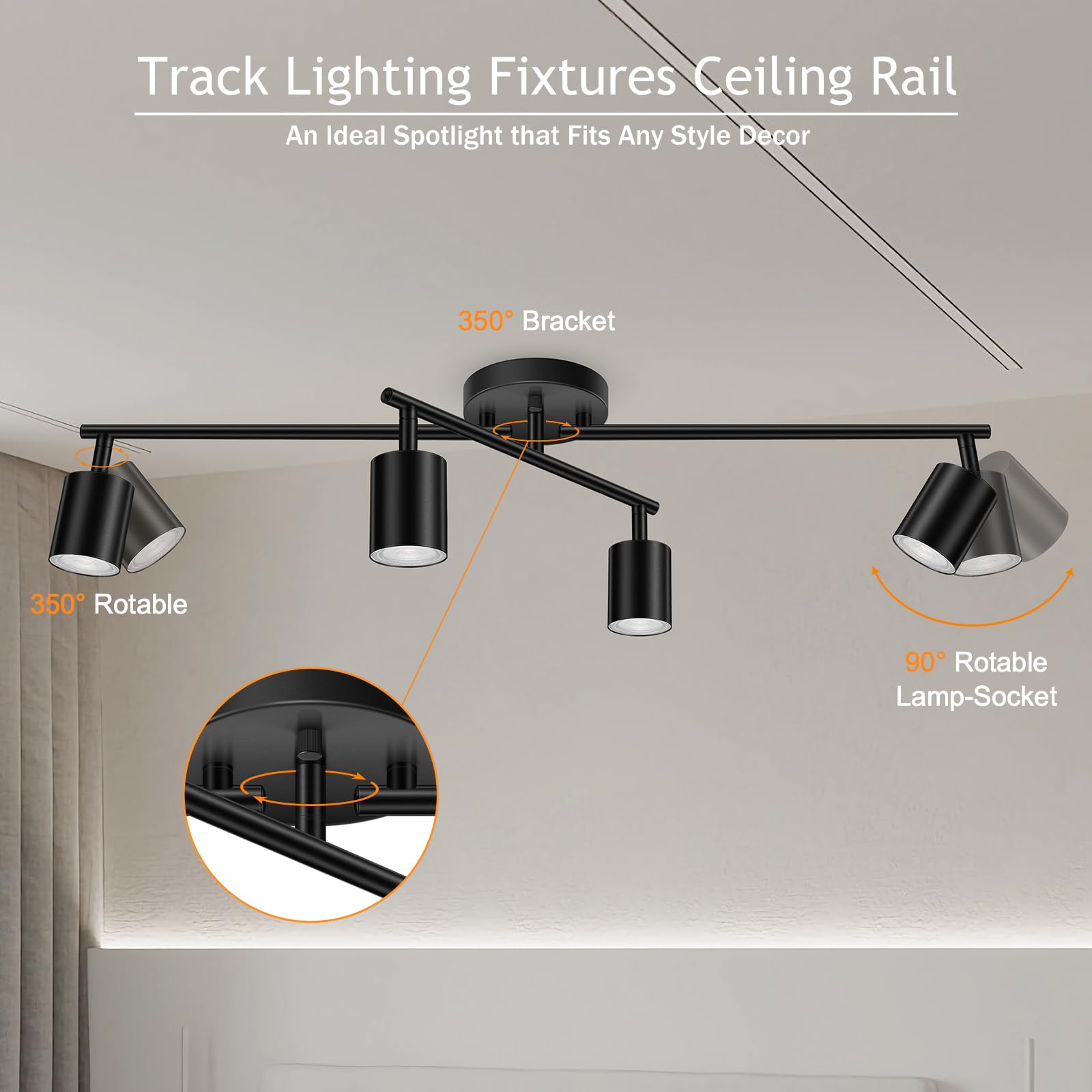 LED 2 Light Track Lighting Kit, Black 2 Way Ceiling Spot Lighting, Flexibly Rotatable Light Head for Kitchen, Living Room, Bedroom, GU10 Bulb Not Included