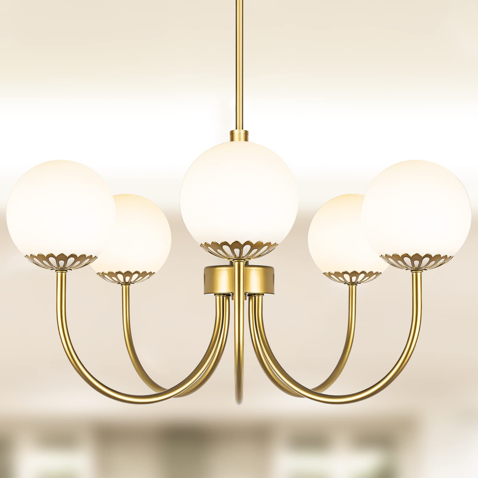 5-Light Gold Chandelier, Globe Modern Sputnik Light Fixture with Frosted Glass, Vintage Semi-Flush Mount Ceiling Light for Dining Room, Large Pendant Lighting for Kitchen Living Room Bedroom