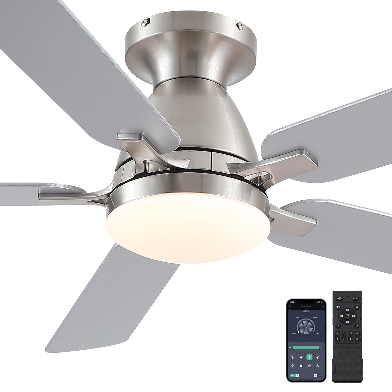 Ceiling Fans with Lights- 46"Low Profile Indoor Ceiling Fan with Light and Remote/APP Control, Flush Mount, LED Dimmable DC Reversible Modern Ceiling Fan for Bedroom（Black）