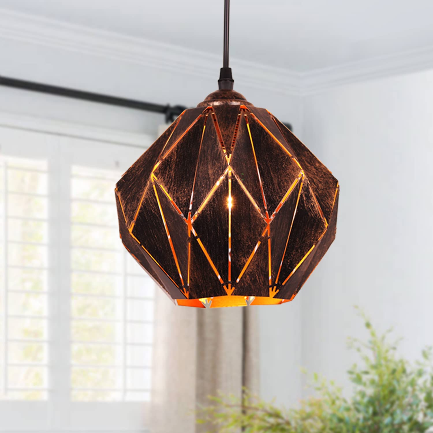 Pendant Light Industrial Vintage Pendant Lamp Retro Farmhouse Ceiling Hanging Light Fixture Black Metal Creative Geometric Diamond Shade Pendant Lighting for Kitchen Island