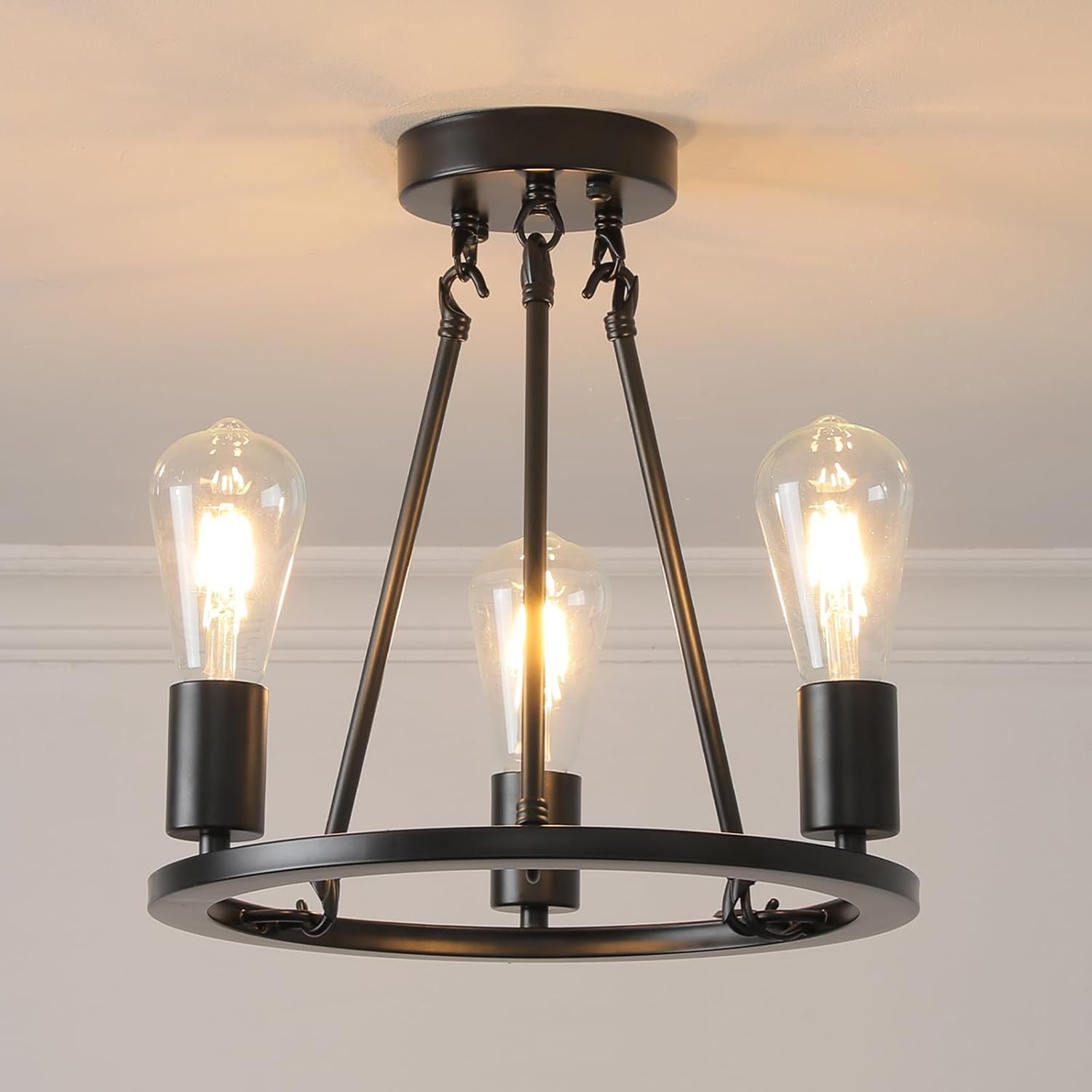 Farmhouse Semi Flush Mount Ceiling Light Fixture,3-Light Black Industrial Wagon Wheel Light for Bedroom,Kitchen,Diningroom,Laundry Room,Entryway,Foyer,Hallway