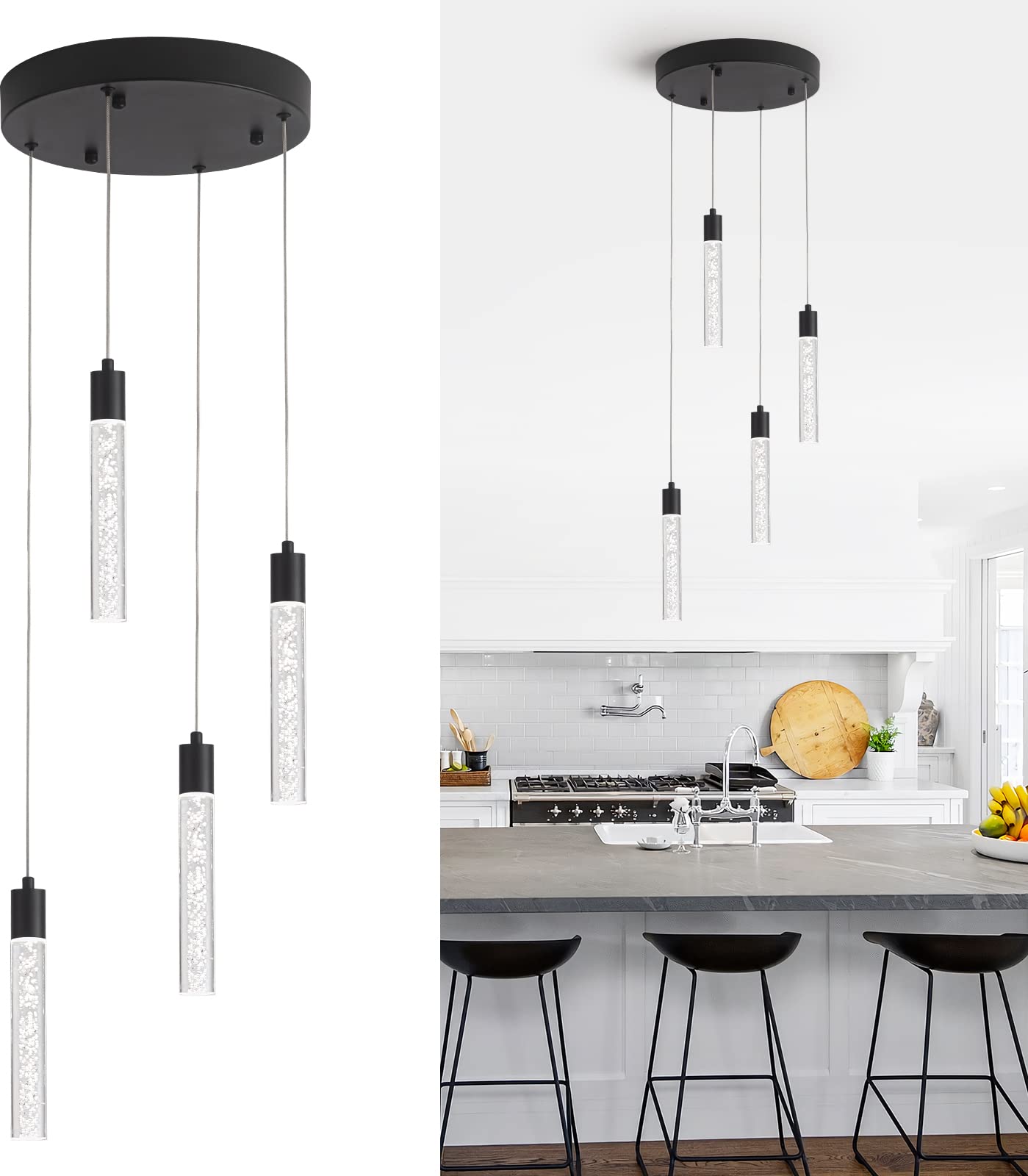 Modern Pendant Lighting 5-Light Linear Chandeliers Dimmable LED Pendant Lights Kitchen Island Lighting with Matte Black Finish and Acrylic Shades for Kitchen Island and Dining Room…