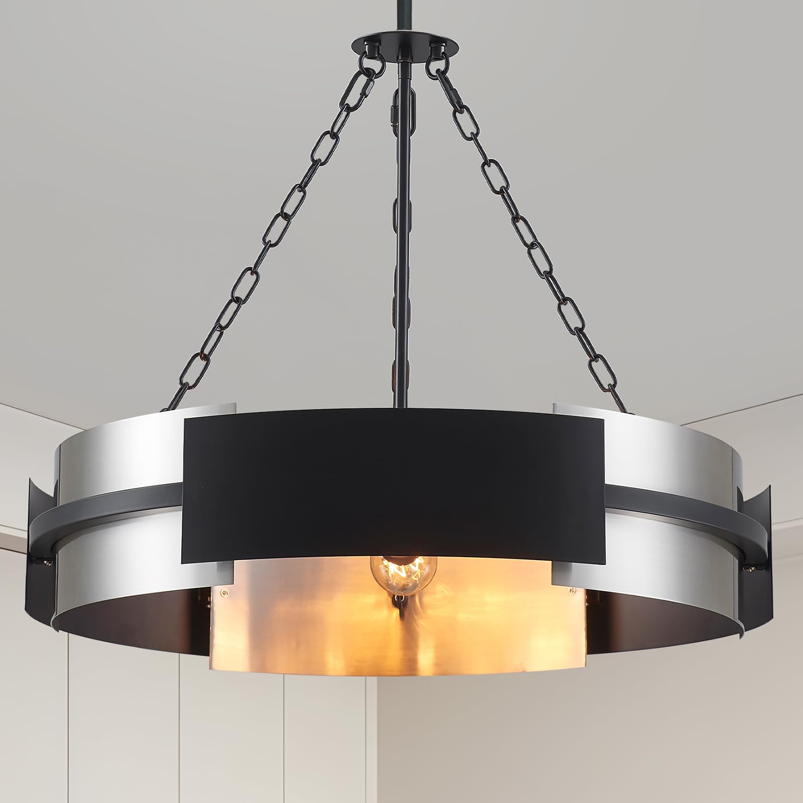 Modern Chandelier 26-Inch Industrial Light Fixture Height Adjustable Large Drum Pendant Lighting for Dining Room, Kitchen Island, Living Room, Office with Nickel and Black Finish, 5-Light