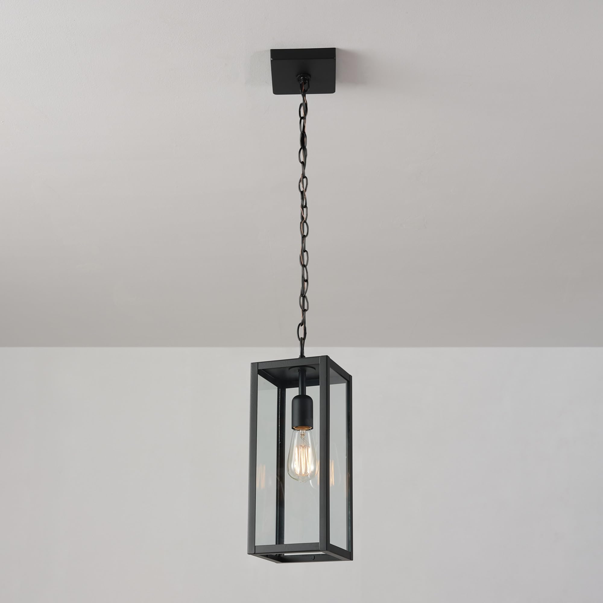 1-Light Outdoor Pendant, Matte Black, Clear Glass Shade, E26 Base Socket, Kitchen Island, Café, Ceiling Hanging Light Fixture, Modern, Vintage, Porch Light, Bulb Not Included