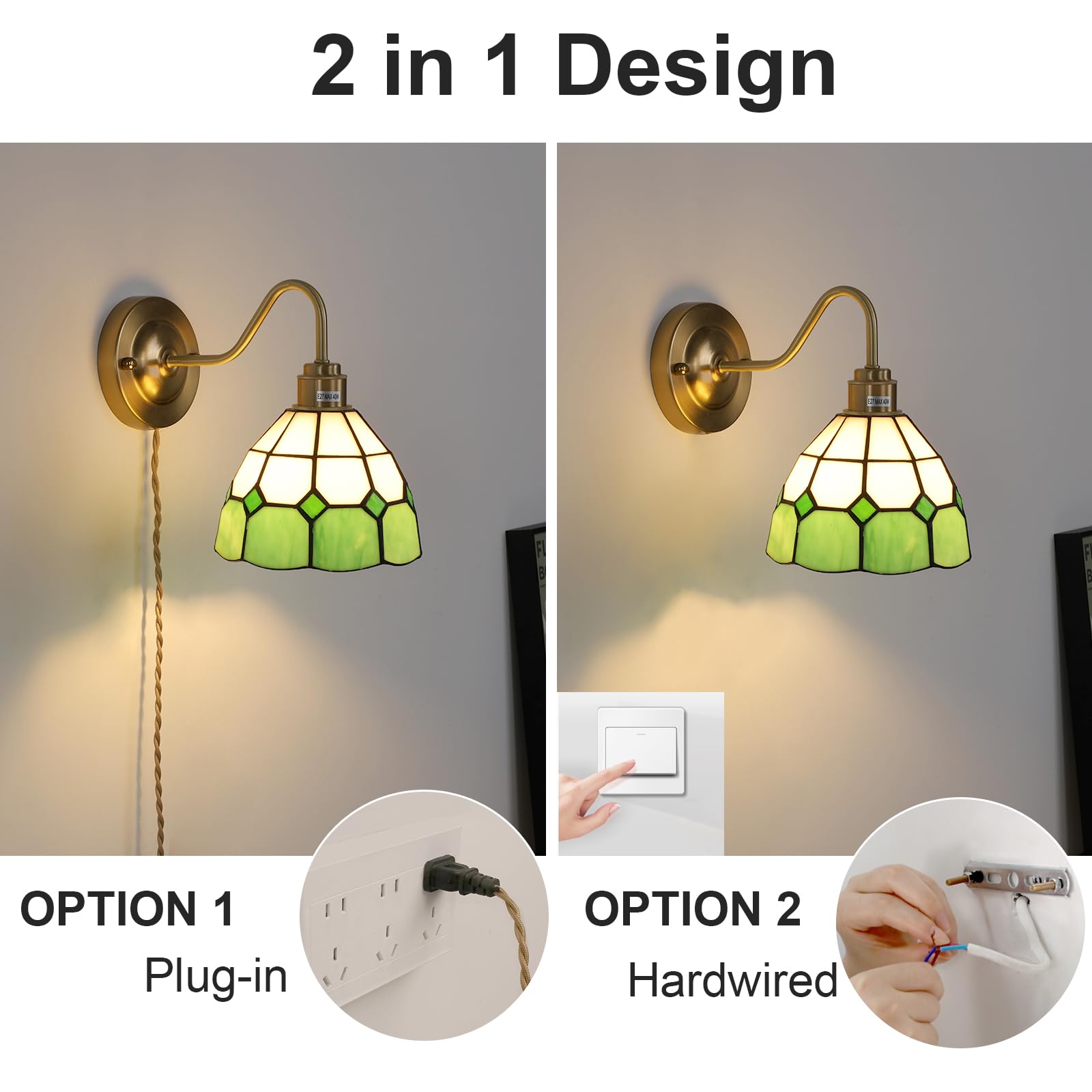 Wall Sconce, Wall Mounted Lamps with Green Checker Sconce, Stained Glass Shade Brass Wall Lights Fixture with Plug in Cord and Switch for Bedroom Bathroom Living Room Hallway